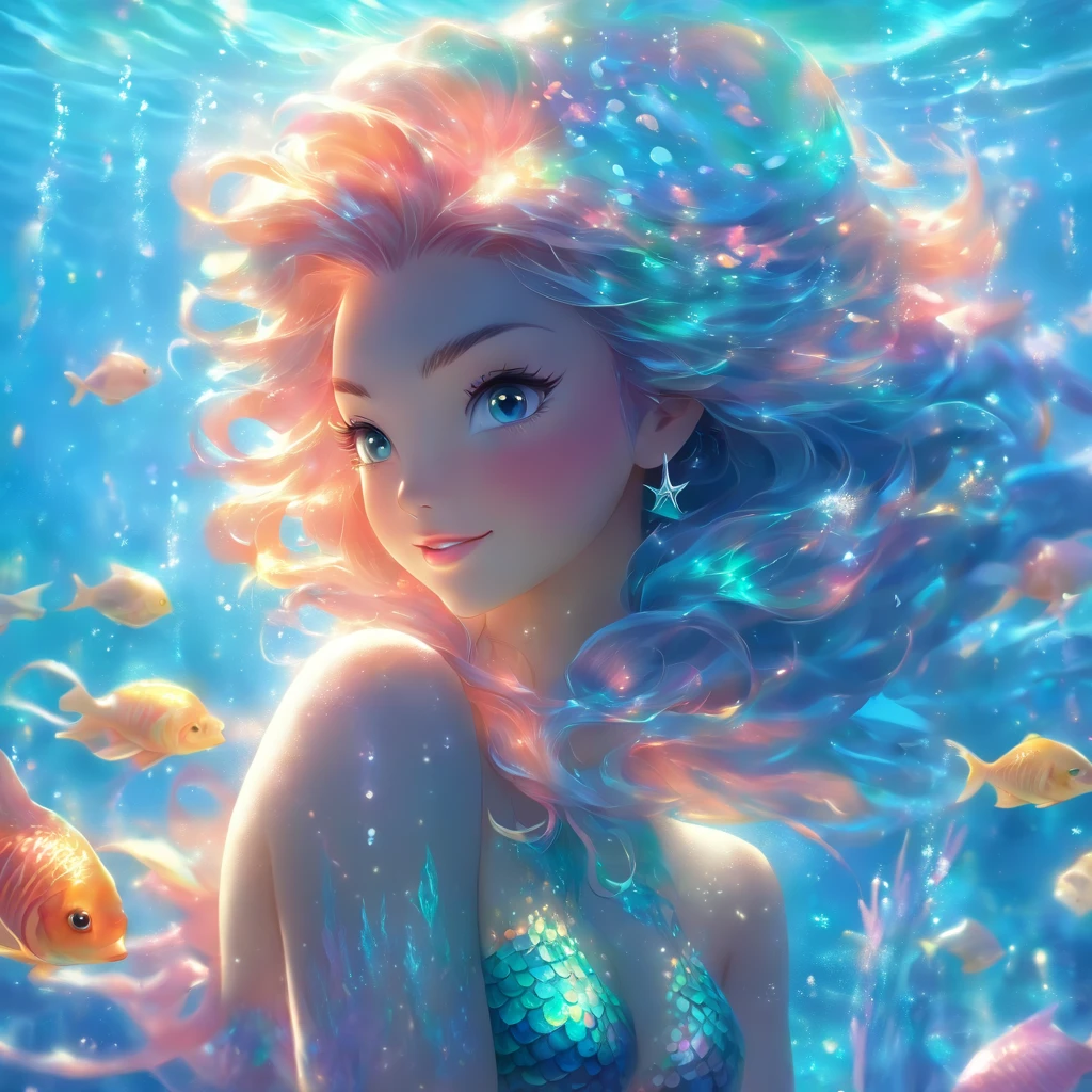 (goddess of the ocean,mermaid,multi-colored long hair,mystical),(best quality,4k,8k,highres,masterpiece:1.2),ultra-detailed,(realistic,photorealistic,photo-realistic:1.37),aquatic,serene,ethereal,underwater beauty,serenity of the sea,reflections in water,sparkling sunlight,dancing waves,scales gleaming in the sunlight,seashells and pearls,flowing vibrant tail,graceful and enchanting,seamless transition between land and sea,wisps of seaweed,coral reefs and colorful fish,tranquil blue hues,gentle waves caressing her,breathtaking oceanic kingdom,sirens' sweet melodies,hidden treasures deep within the sea,temples of the sea gods,alluring eyes,humans and sea creatures living harmoniously,floating amidst the currents of the ocean,celestial aura,mythical creatures rising from the depths,tranquility of the underwater world,aureate rays of sunlight piercing the surface,mermaid royalty,serene expression,mesmerizing beauty,heavenly creatures emerging from the water,deep ocean mysteries.
