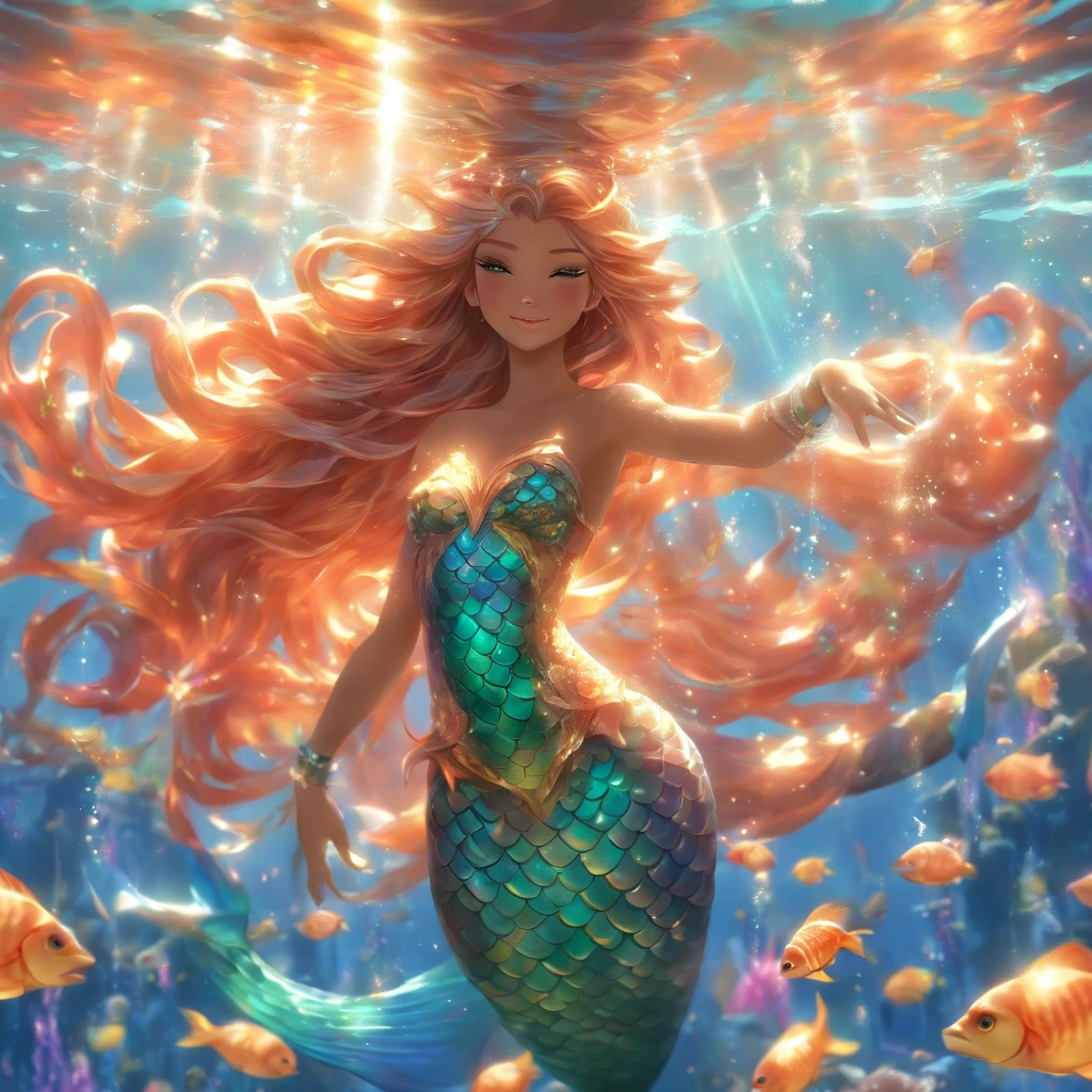 (professional photo:1.3) Fujifilm X-T3, 35mm lens ((Mermaid swims all over)) (Realistic:1.3) most beautiful artwork photo in the world,(((Blond hair))), (( Brown eyes)), brunette, Caucasians, ((long mermaid tail)), (((Detailed mermaid fins))), full body, sport, Features: Soft and shiny, ((Epic mermaid fantasy very long hair in dynamic pose, flying hair, Full tail, Fantastic location, Majestic cluttered environment)), full body, topless, 8k unity render, action shot, skin pore, heavyshading, Detailed, Detailed face, (vibrant, photograph realistic, Realistic, Dramatic, Dark, Sharp focus, 8K), (fish scales:1.4), ((((Mermaid tail)))), (Intricate:1.4), decadent, (Highly detailed:1.4), Digital painting, rendering by octane, art stations, concept-art, smooth, Sharp focus, illustration, Art germ, (loish:0.23), (Global illumination, Studio light, volumettic light), Underwater, Ocean, lotr, fantasy, mermaid, ((Sea background:1.3)),CGSesociety,art stations, surrounded by colorful robot fishes, swiming fish robots, light rays from the surface