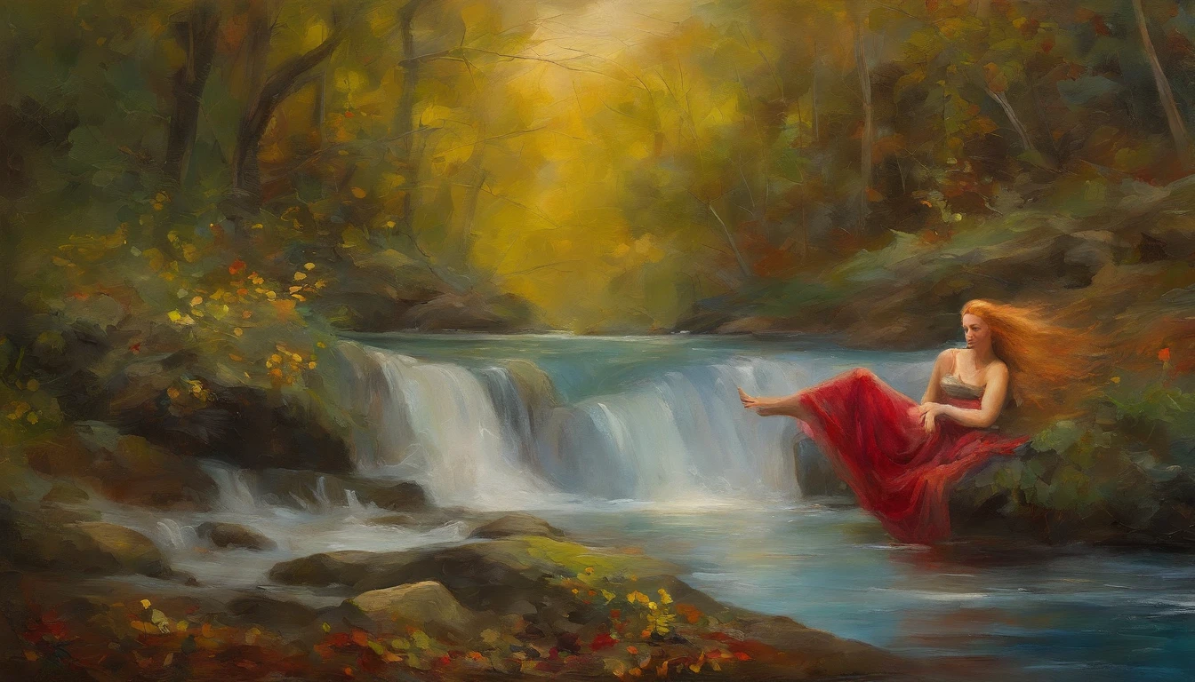 The artwork immortalizes a red-haired woman in an intimate moment with nature. Deitada delicadamente na grama orvalhada, sua postura sugere uma entrega serena ao ambiente que a cerca. As roupas molhadas, adornadas por gotas cristalinas, capture the essence of the proximity of the nearby waterfall.
A paleta de cores harmoniza tons suaves de verde da grama, the vibrant blue of the tumultuous waters and the fiery red of the woman's hair. The golden light of the sun filtering through the leaves of the trees projects an ethereal atmosphere over the scene, destacando cada detalhe.
The minute details reveal subtle expressions on the woman's face, suggesting a quiet contemplation before the natural majesty. The textures are palpable, from the softness of the grass to the noticeable moisture in the clothes. This painting encapsulates the fusion of human vulnerability with the grandeur of nature, criando uma obra que transcende o tempo., Retrato tirado por 8 mestres Kobra、Pessoas da mais alta qualidade、morning、1girl em、There is bright light、feliz、Cool morning sun、(Spark of Light:0.7) 、Caminhou、A paisagem