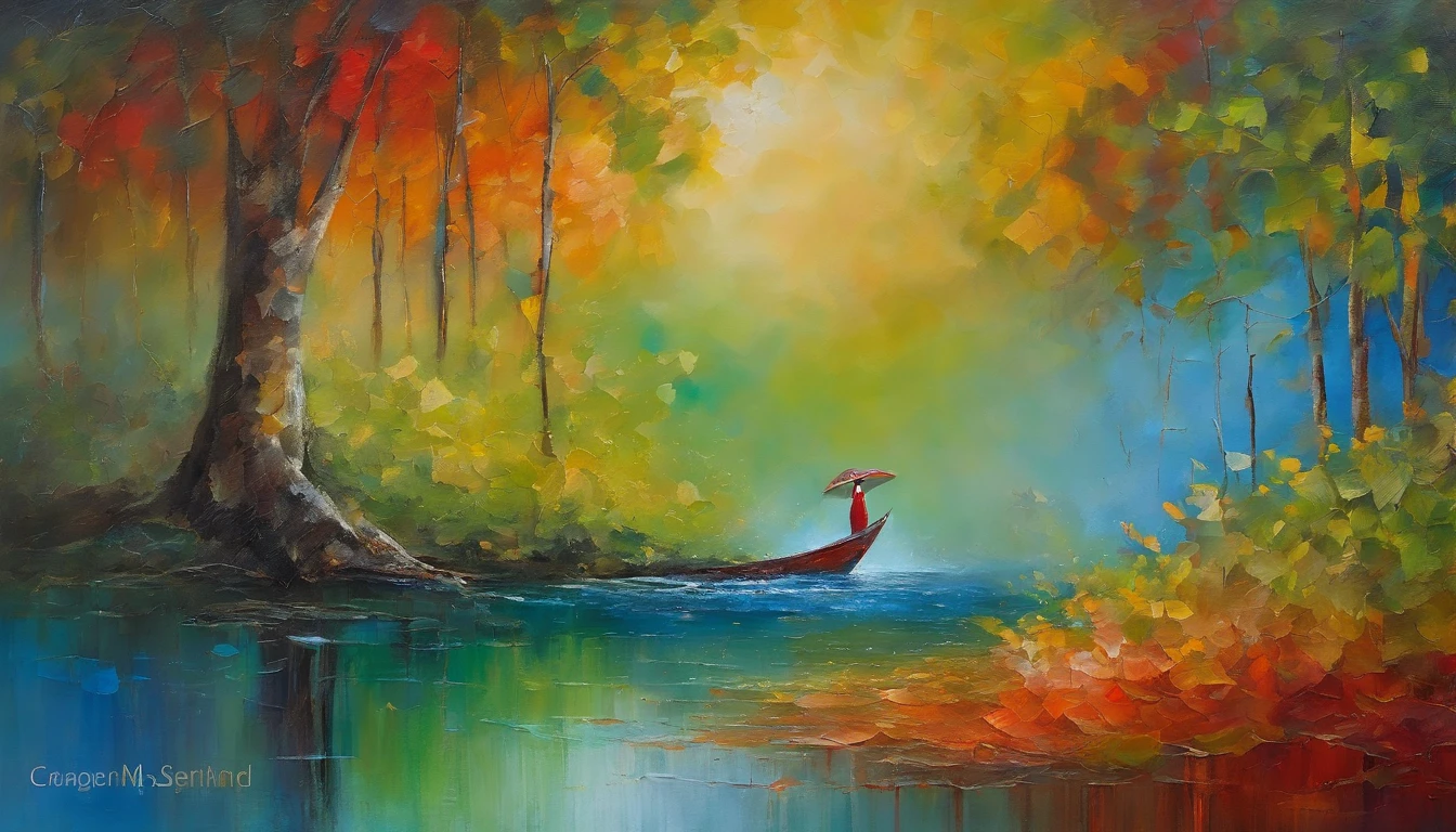 The artwork immortalizes a red-haired woman in an intimate moment with nature. Deitada delicadamente na grama orvalhada, sua postura sugere uma entrega serena ao ambiente que a cerca. As roupas molhadas, adornadas por gotas cristalinas, capture the essence of the proximity of the nearby waterfall.

A paleta de cores harmoniza tons suaves de verde da grama, the vibrant blue of the tumultuous waters and the fiery red of the woman's hair. The golden light of the sun filtering through the leaves of the trees projects an ethereal atmosphere over the scene, destacando cada detalhe.

The minute details reveal subtle expressions on the woman's face, suggesting a quiet contemplation before the natural majesty. The textures are palpable, from the softness of the grass to the noticeable moisture in the clothes. This painting encapsulates the fusion of human vulnerability with the grandeur of nature, criando uma obra que transcende o tempo., Retrato tirado por 8 mestres Kobra、Pessoas da mais alta qualidade、morning、1girl em、There is bright light、feliz、Cool morning sun、(Spark of Light:0.7) 、Caminhou、A paisagem