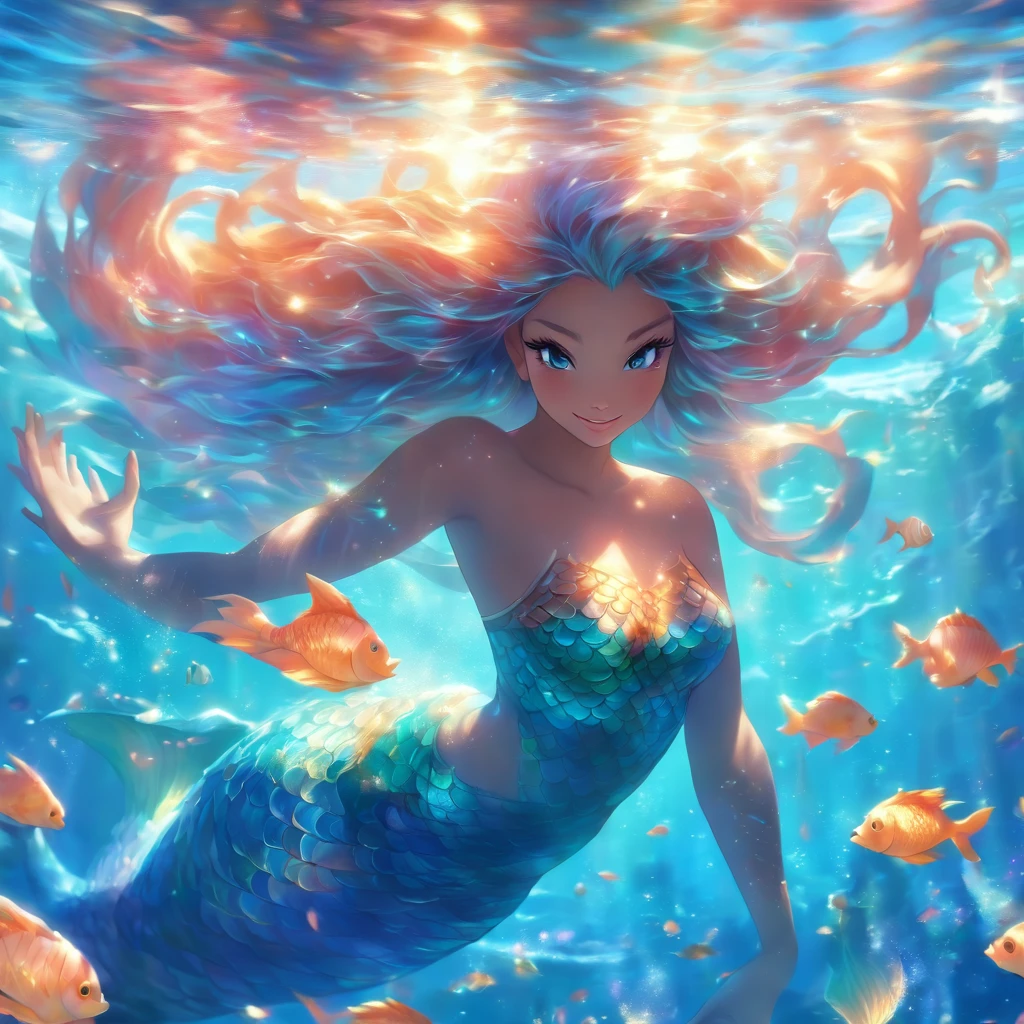 (goddess of the ocean,mermaid,multi-colored long hair,mystical),(best quality,4k,8k,highres,masterpiece:1.2),ultra-detailed,(realistic,photorealistic,photo-realistic:1.37),aquatic,serene,ethereal,underwater beauty,serenity of the sea,reflections in water,sparkling sunlight,dancing waves,scales gleaming in the sunlight,seashells and pearls,flowing vibrant tail,graceful and enchanting,seamless transition between land and sea,wisps of seaweed,coral reefs and colorful fish,tranquil blue hues,gentle waves caressing her,breathtaking oceanic kingdom,sirens' sweet melodies,hidden treasures deep within the sea,temples of the sea gods,alluring eyes,humans and sea creatures living harmoniously,floating amidst the currents of the ocean,celestial aura,mythical creatures rising from the depths,tranquility of the underwater world,aureate rays of sunlight piercing the surface,mermaid royalty,serene expression,mesmerizing beauty,heavenly creatures emerging from the water,deep ocean mysteries.