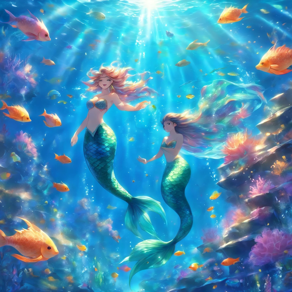 (goddess of the ocean,mermaid,multi-colored long hair,mystical),(best quality,4k,8k,highres,masterpiece:1.2),ultra-detailed,(realistic,photorealistic,photo-realistic:1.37),aquatic,serene,ethereal,underwater beauty,serenity of the sea,reflections in water,sparkling sunlight,dancing waves,scales gleaming in the sunlight,seashells and pearls,flowing vibrant tail,graceful and enchanting,seamless transition between land and sea,wisps of seaweed,coral reefs and colorful fish,tranquil blue hues,gentle waves caressing her,breathtaking oceanic kingdom,sirens' sweet melodies,hidden treasures deep within the sea,temples of the sea gods,alluring eyes,humans and sea creatures living harmoniously,floating amidst the currents of the ocean,celestial aura,mythical creatures rising from the depths,tranquility of the underwater world,aureate rays of sunlight piercing the surface,mermaid royalty,serene expression,mesmerizing beauty,heavenly creatures emerging from the water,deep ocean mysteries.