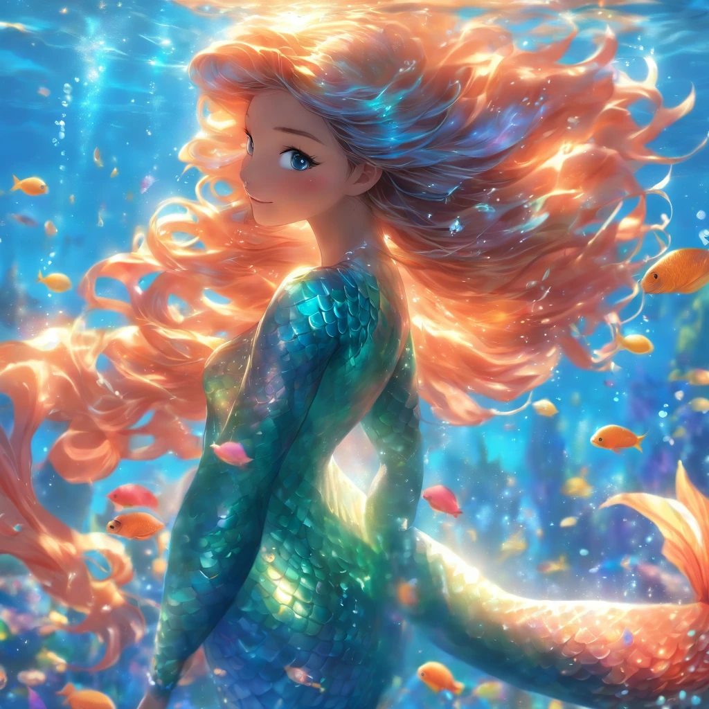 (goddess of the ocean,mermaid,multi-colored long hair,mystical),(best quality,4k,8k,highres,masterpiece:1.2),ultra-detailed,(realistic,photorealistic,photo-realistic:1.37),aquatic,serene,ethereal,underwater beauty,serenity of the sea,reflections in water,sparkling sunlight,dancing waves,scales gleaming in the sunlight,seashells and pearls,flowing vibrant tail,graceful and enchanting,seamless transition between land and sea,wisps of seaweed,coral reefs and colorful fish,tranquil blue hues,gentle waves caressing her,breathtaking oceanic kingdom,sirens' sweet melodies,hidden treasures deep within the sea,temples of the sea gods,alluring eyes,humans and sea creatures living harmoniously,floating amidst the currents of the ocean,celestial aura,mythical creatures rising from the depths,tranquility of the underwater world,aureate rays of sunlight piercing the surface,mermaid royalty,serene expression,mesmerizing beauty,heavenly creatures emerging from the water,deep ocean mysteries.