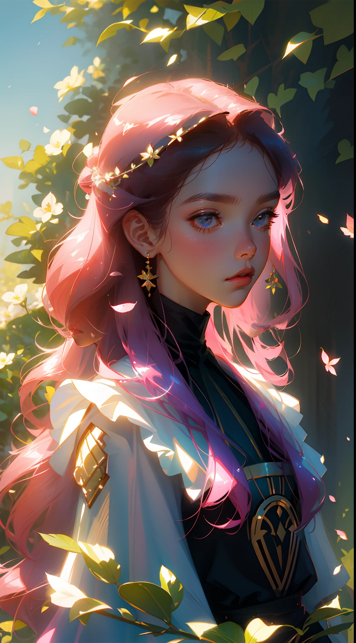 A cute girl with long pink hair,disney's princess,bright daylight,blossoms,petals,a plant,vine,Clear contrast between light and shadow,plethora of colors,Solid background,The characters are rich in detail,Delicatemakeup,HD8K,high qulity,Good atmosphere,delicated,cg render,detail render,(Delicate facial portrayal)(Fine hair portrayal)(highest quality)(Master masterpieces)(High degree of completion)(a sense of atmosphere)(half-body portrait)