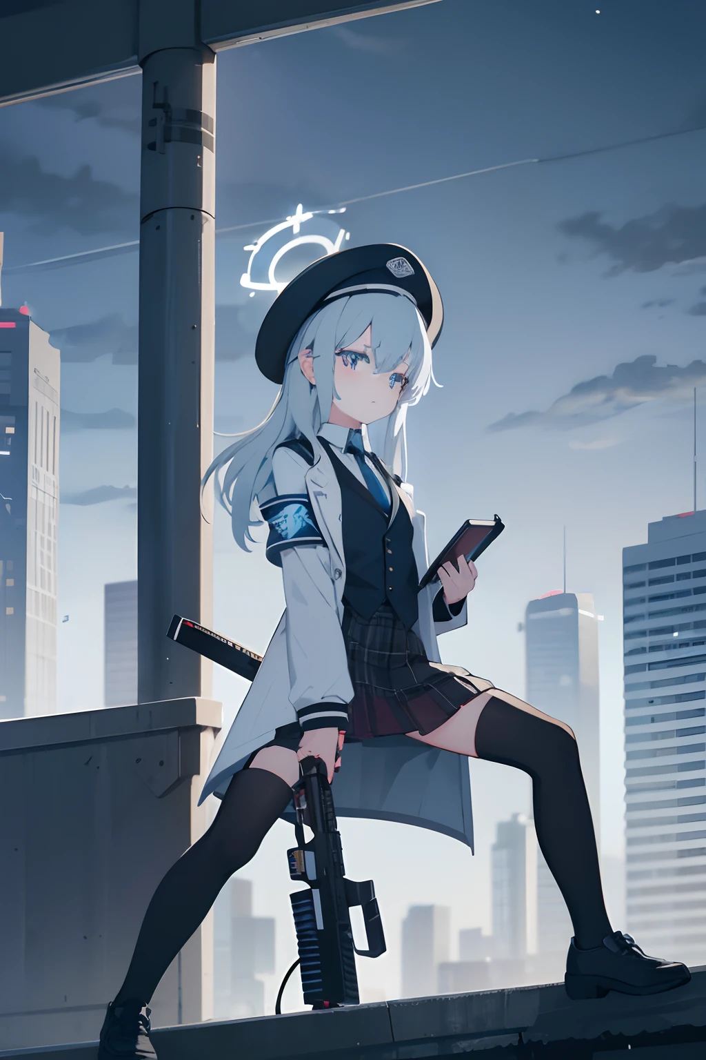 1girl, white messenger hat with black stripe, white captain hat, pastel blue hair, light hair, messy hair, messy long hair, white coat, black armband, council armband, white uniform with light blue vest, light blue vest, open coat, black uniform collar, black collar, black tie, id strap, Individual Development strap, black medium skirt, black plaid skirt, white small socks, black rubber shoes, extremely aware, nervous, holding M4A1, holding radar tablet, looking, transit station, dark rainy day, serious eyes, cat eyes, black halo with blue stripe, blue vest, serious, sharp eyes, unsatisfied, holding Assault Rifle, city skylines, Assault Rifle with a Snowstorm Texture, tall girl, transit, train station, large blade, sword, very comically large gun, black tie, black shirt collar, Assault Rifle with a Scope and a Stock, black necktie. aiming, extremely large gun, serious, dark rainy day, a dark day, rain, guns collide, diamond katana emitting an aura, holding gun and katana, stancing, crouching, aiming