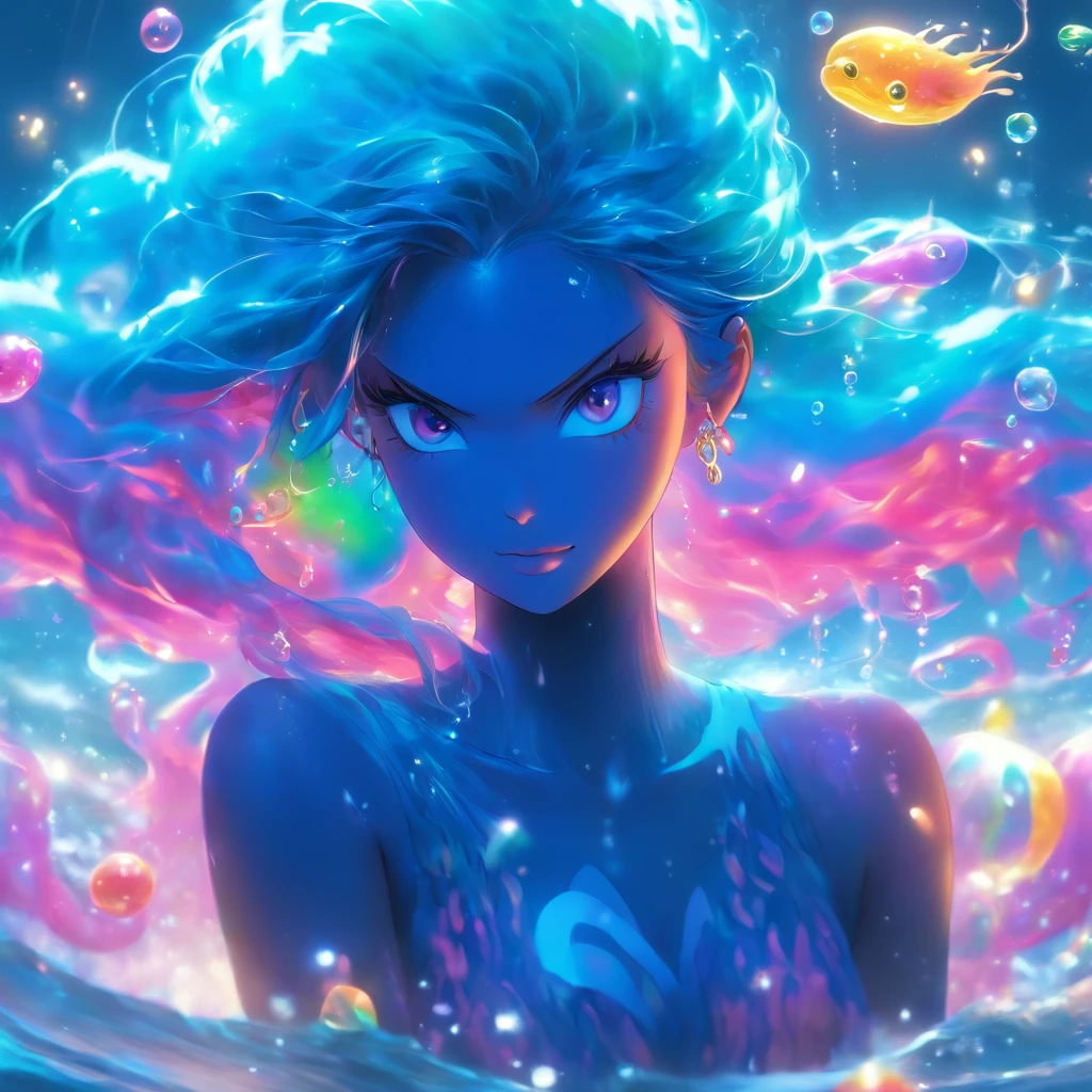 (angryocean goddess,ocean witch,fiery persona,sparkling bubbles,jellyfish,rainbow colored hair),(best quality,4k,8k,highres,masterpiece:1.2),ultra-detailed,(realistic,photorealistic,photo-realistic:1.37),vivid colors,sparkling water,glowing atmosphere,magical lighting,ethereal,commanding presence,striking eyes,powerful pose,seaweed accessories,oceanic crown,stormy background,rippled reflections,translucent skin,water swirls,surreal beauty,luminous complexion