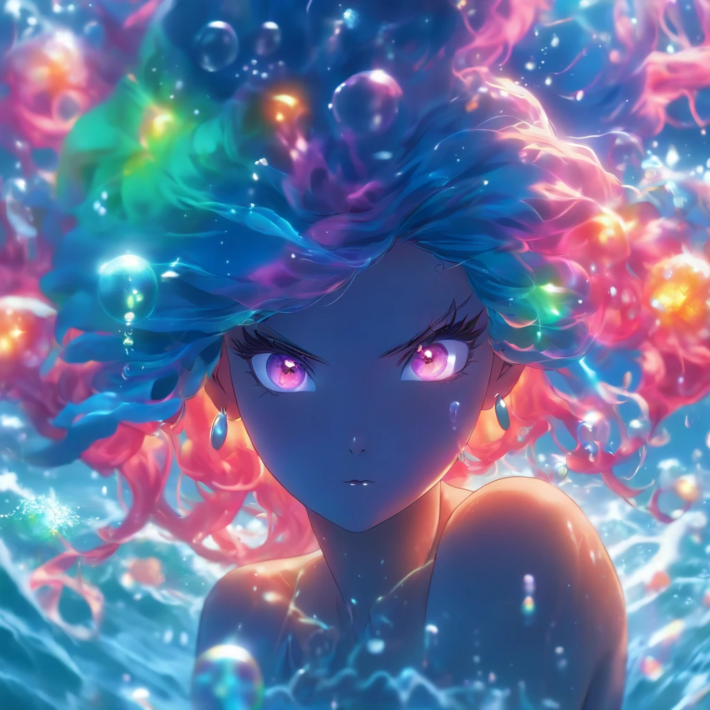 (angryocean goddess,ocean witch,fiery persona,sparkling bubbles,jellyfish,rainbow colored hair),(best quality,4k,8k,highres,masterpiece:1.2),ultra-detailed,(realistic,photorealistic,photo-realistic:1.37),vivid colors,sparkling water,glowing atmosphere,magical lighting,ethereal,commanding presence,striking eyes,powerful pose,seaweed accessories,oceanic crown,stormy background,rippled reflections,translucent skin,water swirls,surreal beauty,luminous complexion