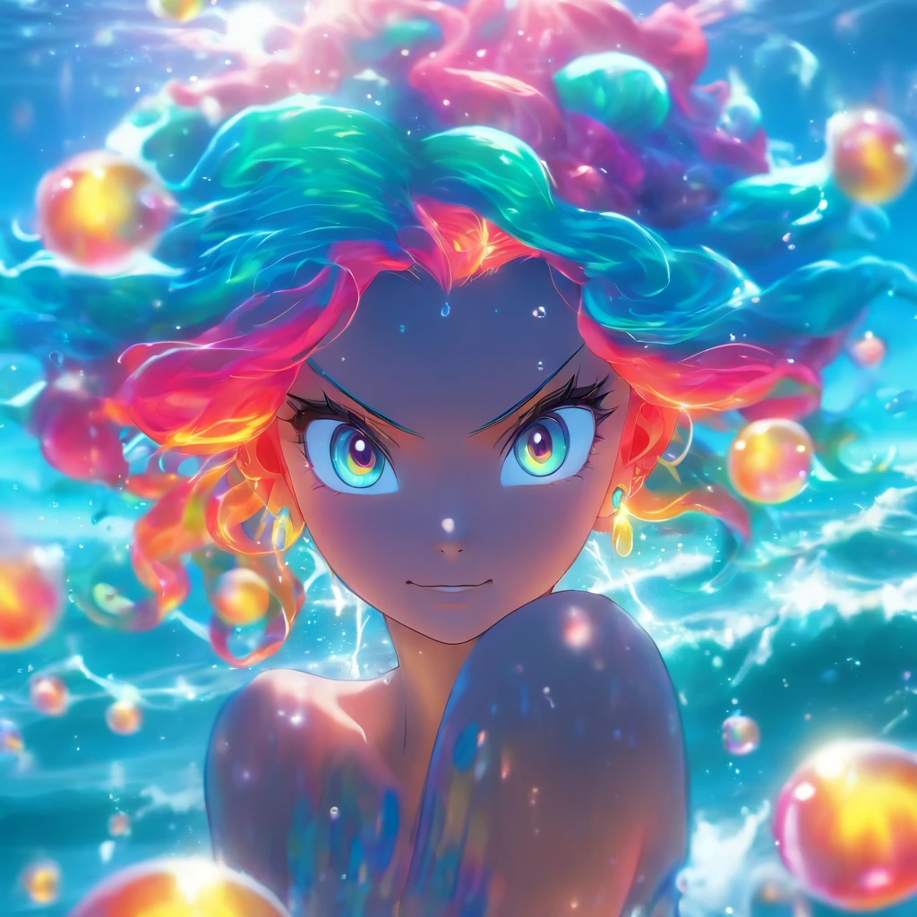 (angryocean goddess,ocean witch,fiery persona,sparkling bubbles,jellyfish,rainbow colored hair),(best quality,4k,8k,highres,masterpiece:1.2),ultra-detailed,(realistic,photorealistic,photo-realistic:1.37),vivid colors,sparkling water,glowing atmosphere,magical lighting,ethereal,commanding presence,striking eyes,powerful pose,seaweed accessories,oceanic crown,stormy background,rippled reflections,translucent skin,water swirls,surreal beauty,luminous complexion