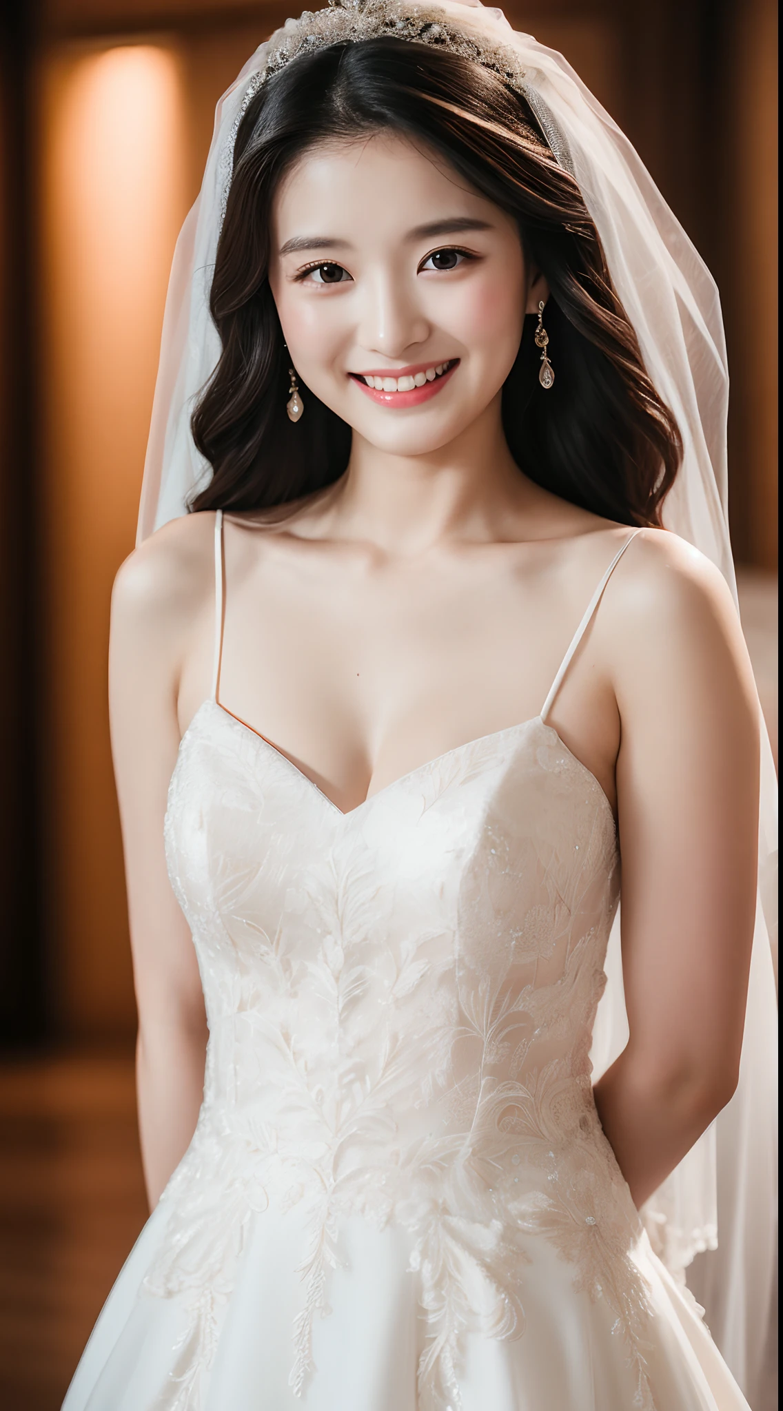 4K、top-quality、masutepiece、20-year-old woman、A dark-haired、With bangs、Longhaire、((wedding dress))、wedding hall、Smiling at the camera