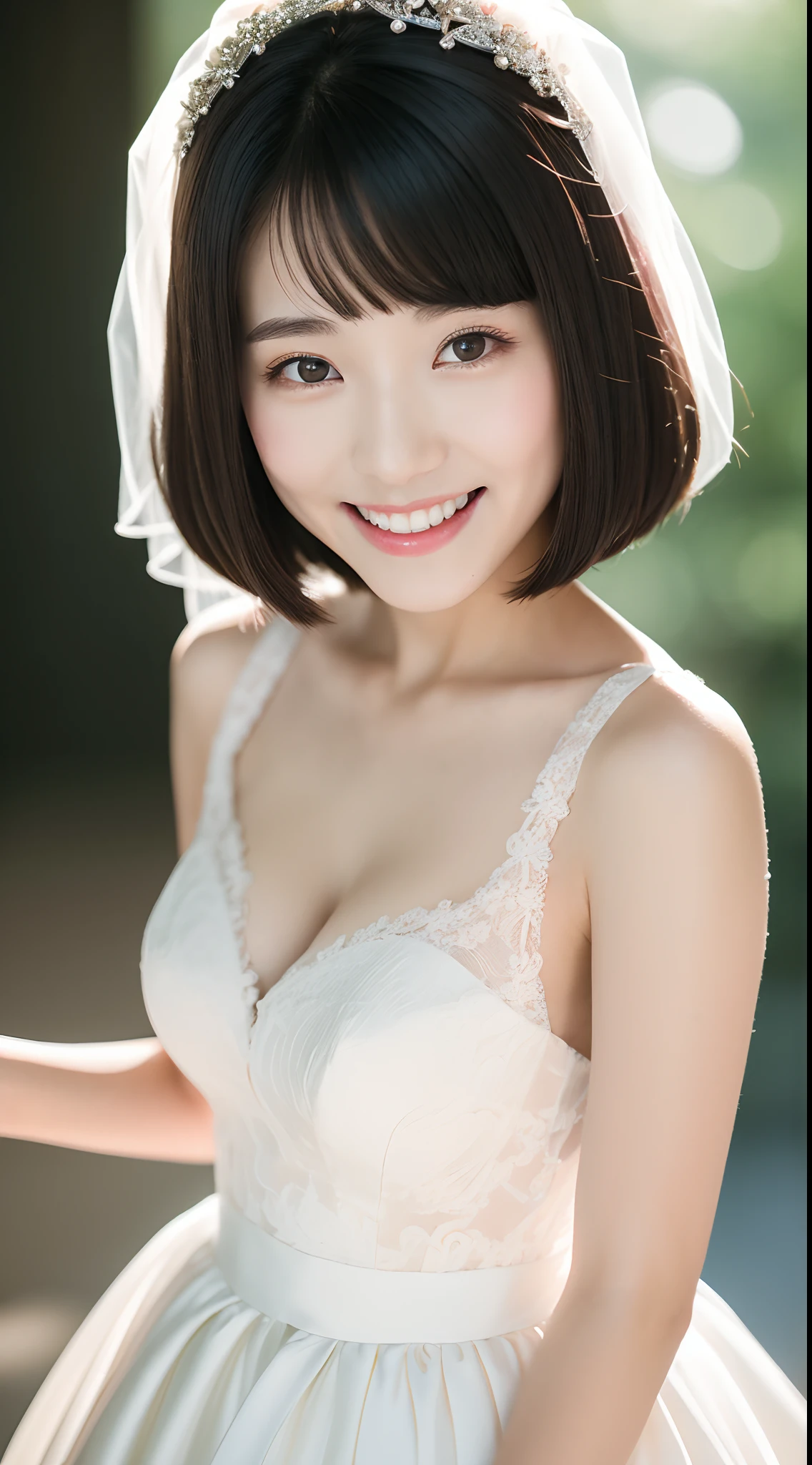 4K、top-quality、masutepiece、17-year-old female、A dark-haired、Bob Layer Cut Hair、((wedding dress))、wedding hall、Smiling at the camera