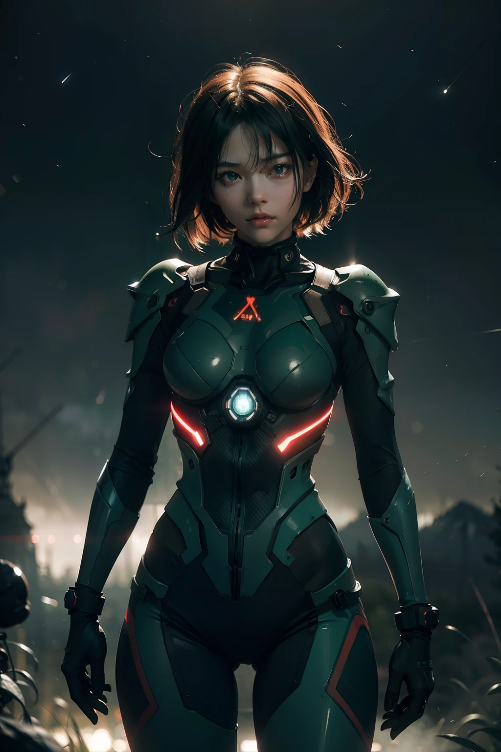 Asuka-Evangelion with short black hair (((From face to the waist view::1. 4))), realistic skin texture, front view::1.0, in complex & hyper detailed crimson and black plugsuit armor (((light glow effect in dark green shade aesthetic in image))), dinamic panning photography move/pose::1, midnight hour illuminationr, (masterpiece), best quality, perfect pretty face, 8k