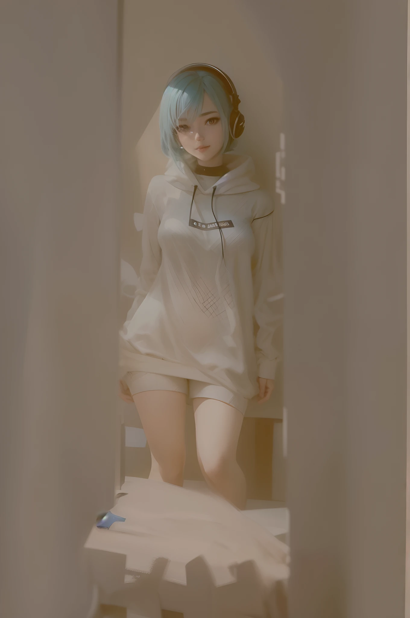 melhor qualidade, 1girl, rosto bonito, corpo inteiro, capuz preto, put headphones around neck, olhando para longe, corte curto bob, (water blue hair), hongdae clube, sorriso, highres, jeans preto elegante(master part, melhor qualidade), 1girl, beautiful face, Corpo bonito, Souryuu_Asuka_Langley, Plugsuit, Bodysuit, Fone de ouvido de interface, Bodysuit vermelho, cabelo entre os olhos, traje piloto