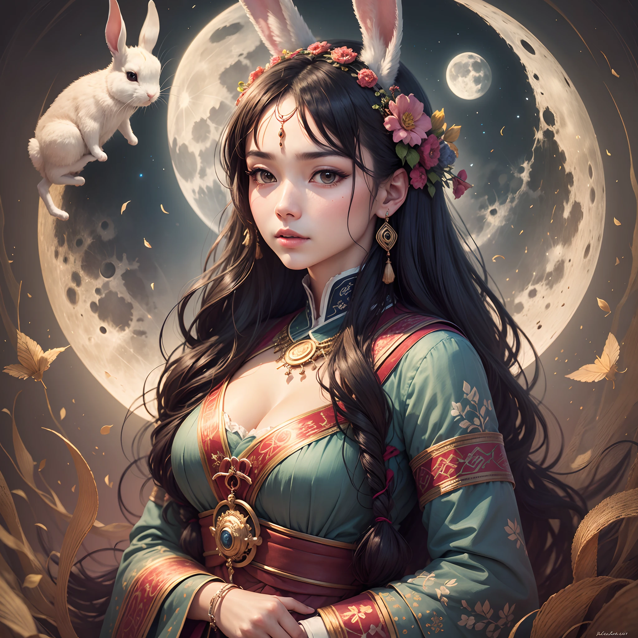 anime girl with bunny ears and a dress with a full moon in the background, artgerm julie bell beeple, lunar goddess, 2. 5 d cgi anime fantasy artwork, wlop and sakimichan, anime fantasy artwork, fantasy art style, anime fantasy illustration, goddess of the moon, extremely detailed artgerm, wlop art