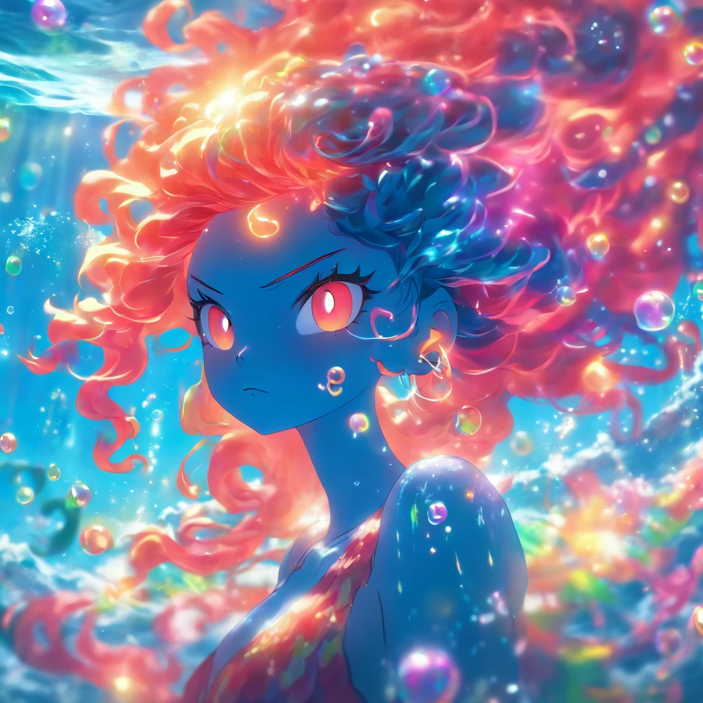 (angryocean goddess,ocean witch,fiery persona,sparkling bubbles,jellyfish,rainbow colored hair),(best quality,4k,8k,highres,masterpiece:1.2),ultra-detailed,(realistic,photorealistic,photo-realistic:1.37),vivid colors,sparkling water,glowing atmosphere,magical lighting,ethereal,commanding presence,striking eyes,powerful pose,seaweed accessories,oceanic crown,stormy background,rippled reflections,translucent skin,water swirls,surreal beauty,luminous complexion