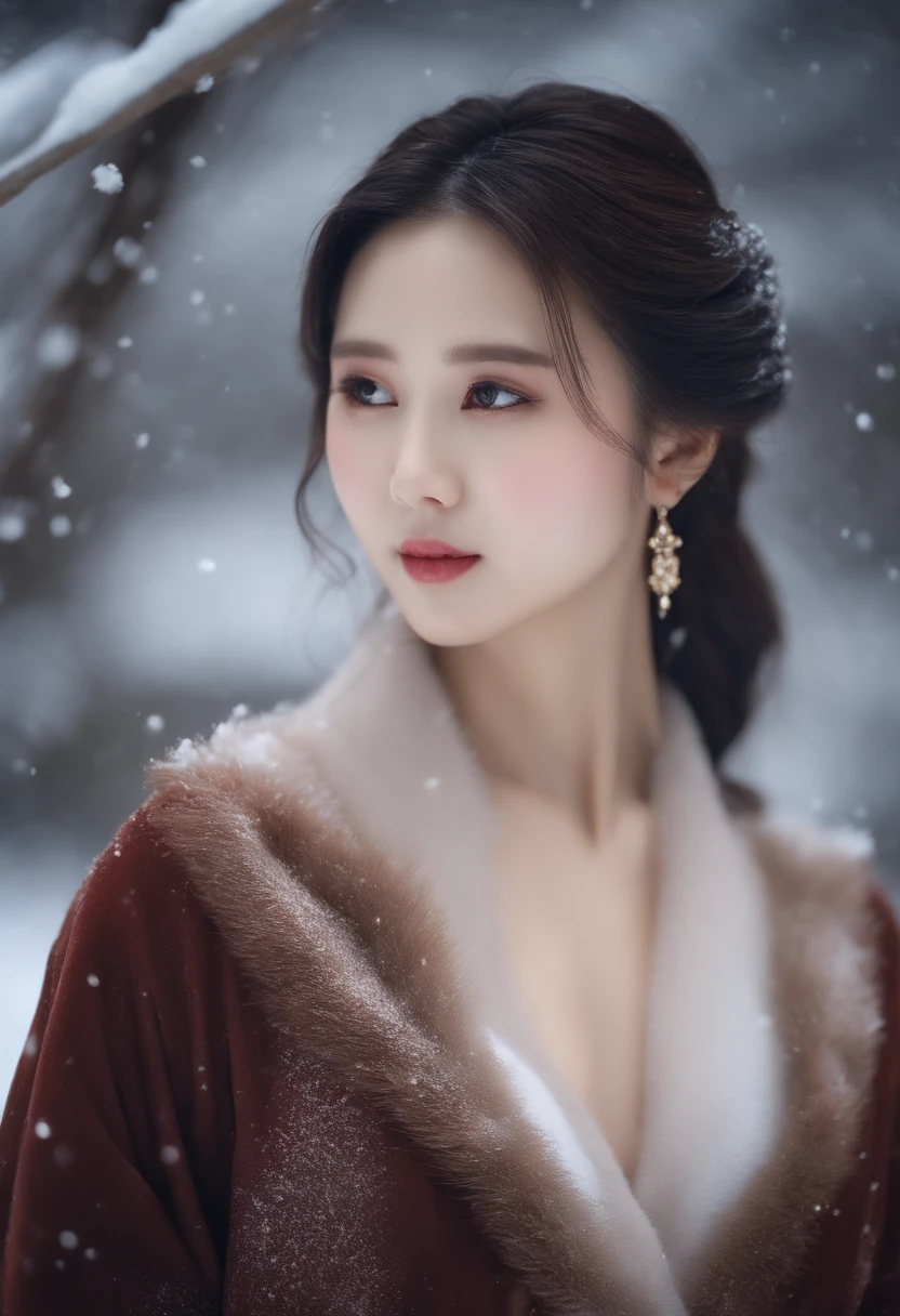 realistic photos of (1 cute Korean star) Shoulder-length hair, thin makeup, mediuml breasts, Wear a coat., in the snow, clear facial features, 8K High definition, sharp and realistic details.From the outside, Eye-Level Shot, F/4.0, 135 mm., Fujifilm, JPEG Artifacts, dithering, UHD, masterpiece