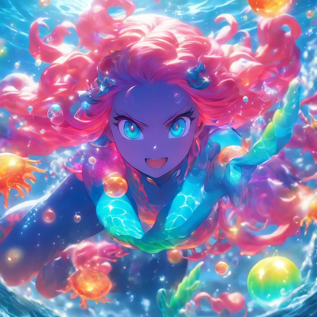 (angryocean goddess,ocean witch,fiery persona,sparkling bubbles,jellyfish,rainbow colored hair),(best quality,4k,8k,highres,masterpiece:1.2),ultra-detailed,(realistic,photorealistic,photo-realistic:1.37),vivid colors,sparkling water,glowing atmosphere,magical lighting,ethereal,commanding presence,striking eyes,powerful pose,seaweed accessories,oceanic crown,stormy background,rippled reflections,translucent skin,water swirls,surreal beauty,luminous complexion