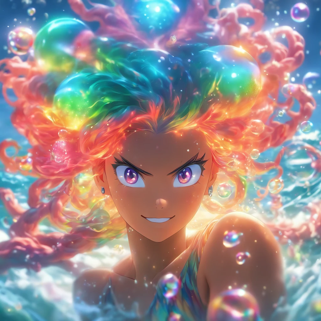The most beautiful and sexy girl, Rainbow hair, yellow eyes,nude,swimsuit,open chest, Tons of tattoos and piercings, highly detailed background, The perfect masterpiece, High Quality, high-res, nipple