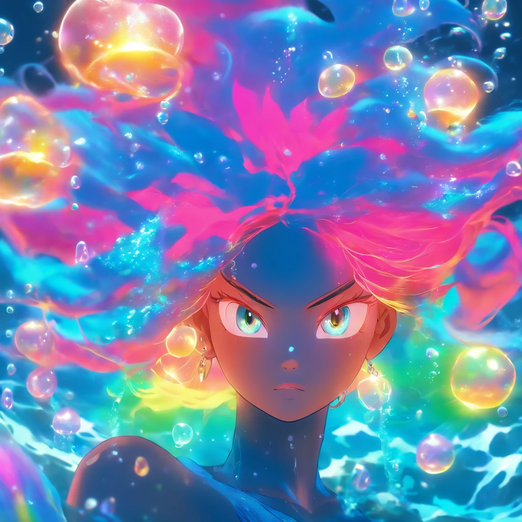 (angryocean goddess,ocean witch,fiery persona,sparkling bubbles,jellyfish,rainbow colored hair),(best quality,4k,8k,highres,masterpiece:1.2),ultra-detailed,(realistic,photorealistic,photo-realistic:1.37),vivid colors,sparkling water,glowing atmosphere,magical lighting,ethereal,commanding presence,striking eyes,powerful pose,seaweed accessories,oceanic crown,stormy background,rippled reflections,translucent skin,water swirls,surreal beauty,luminous complexion