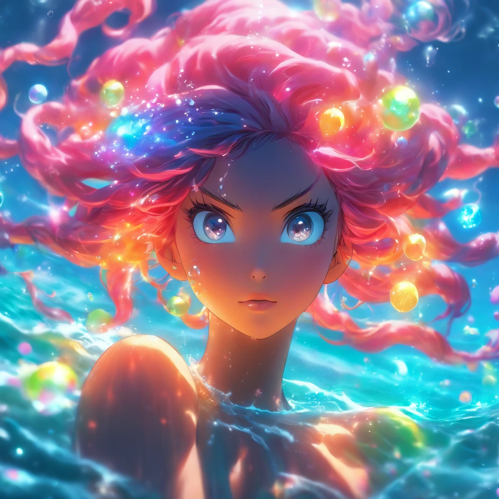 (angryocean goddess,ocean witch,fiery persona,sparkling bubbles,jellyfish,rainbow colored hair),(best quality,4k,8k,highres,masterpiece:1.2),ultra-detailed,(realistic,photorealistic,photo-realistic:1.37),vivid colors,sparkling water,glowing atmosphere,magical lighting,ethereal,commanding presence,striking eyes,powerful pose,seaweed accessories,oceanic crown,stormy background,rippled reflections,translucent skin,water swirls,surreal beauty,luminous complexion