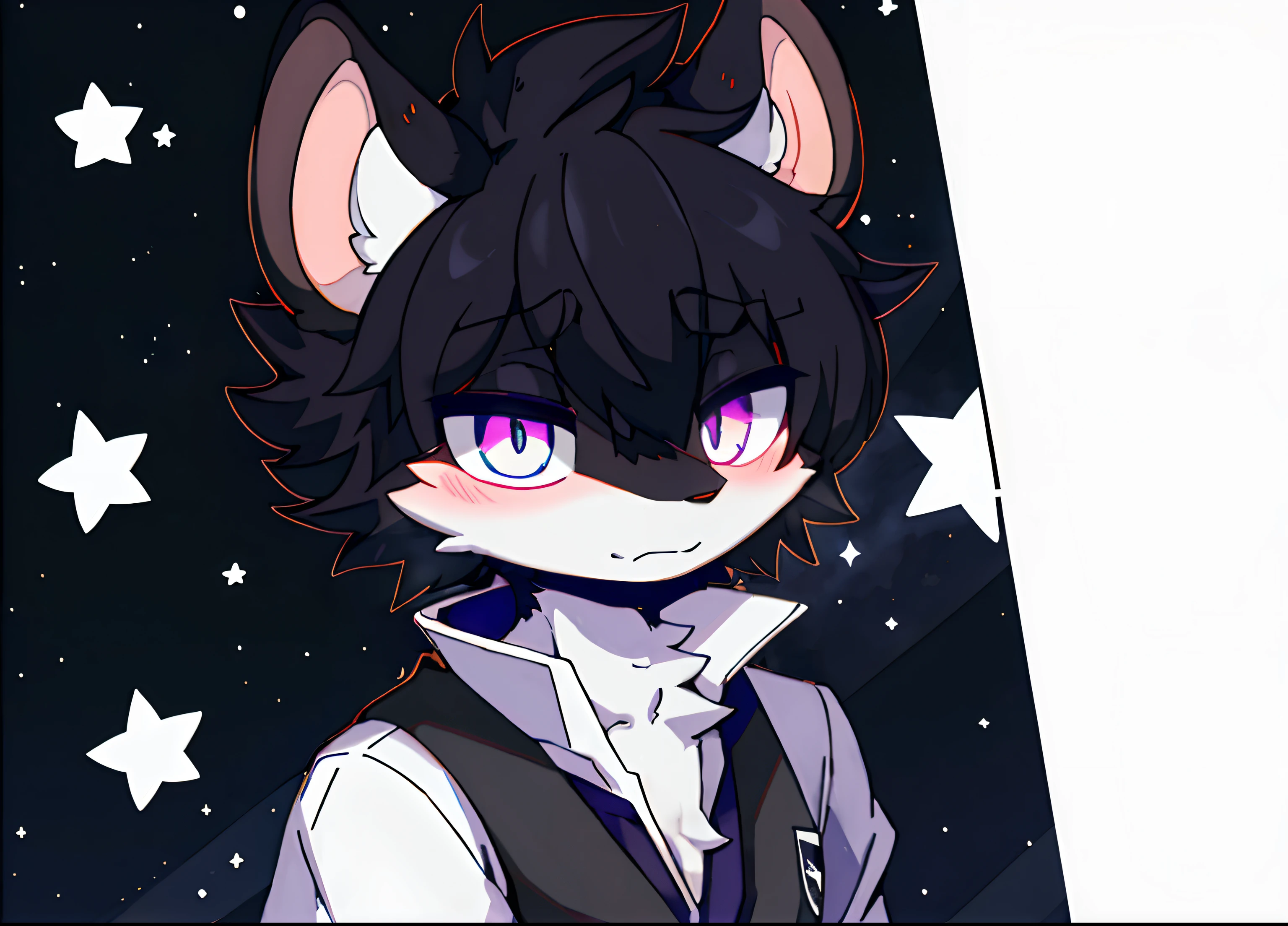 short detailed hair，Pure black hair，Japan School Uniform，Anime boys, shoun，Anime moe art style, unknown artstyle, discord pfp ，Art in a somber and dull style, Half-body diagram，Gray mouse ears，White fur，Orc symbaroum，Furry，独奏，Dark pupils，Black and white clothes，Purple clothes striped，Black hair, Big hair, sweeping bangs, Colored inner hair, Bored, Lonely, Multicolored eyes, Star-shaped pupils, star hair ornament, reference sheet, ccurate，The eyes are dark，Gray fur，night sky background，Yellow stars