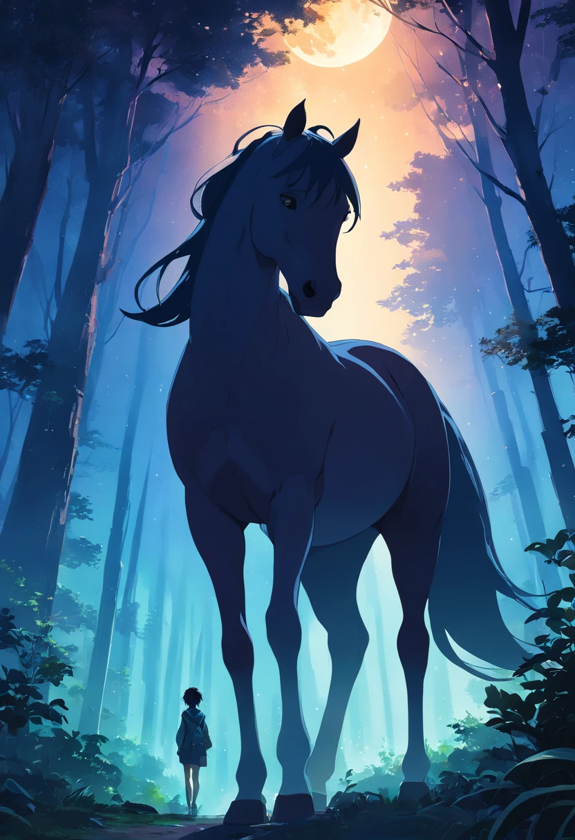 ultra-detailed,dark horse riding off,dark,mysterious,oil painting,hazy background,moonlit forest,tall towering trees,mystical atmosphere,ominous energy,cloaked figure watching,dense fog creeping,black silhouette against the night sky,ethereal glow of the moon,rippling mane of the horse,intense gaze of the rider,strong contrast between light and shadow,dramatic lighting effects,deep blue and cool tones,evocative and moody,expressive brushstrokes