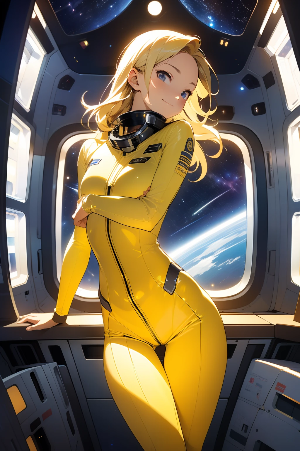 (masterpiece, best quality:1.2), (cowboy shot:1.1), solo, 1girl, mori yuki, slight smile, closed mouth, looking at viewer, blonde hair, thigh gap, yellow bodysuit, skin-tight, yellow gold, side view, perfect body, large window, (starship porthole:1.3), from front, (spread legs:1.3), (standing:1.1), thigh gap, perfect hands, bright starship interior, (outer space view:1.1), (orbital view:1.3), (night, stary sky:1.5), milky way