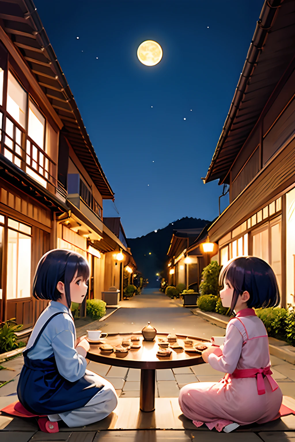 Bright moonlight shines on the peaceful village，Tables are set up in front of every house，There are mooncakes on it、Fruit and tea。Children holding lanterns，Laugh and play in the street。The old people sat together，Look up at the bright moon in the sky，Tell each other about the past,k hd，4k