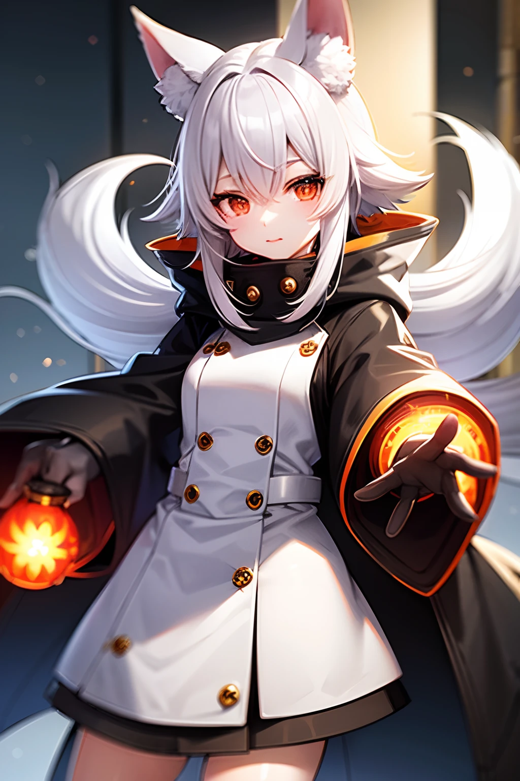 white hair、Orange Eyes、Fox ear hood、ember、parka