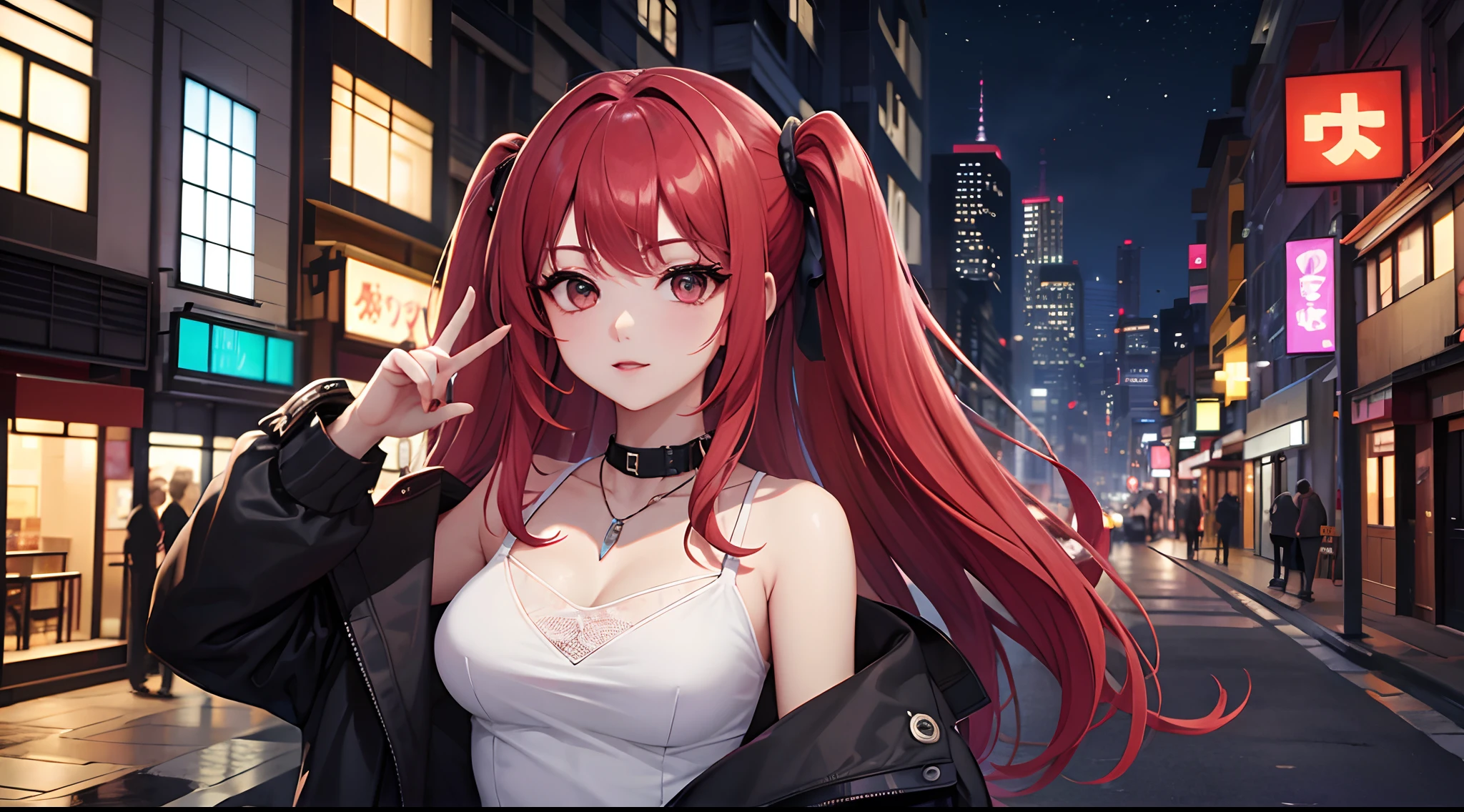a red-haired woman in front of a building, night core, Bralette, Pokimane, Inspirado em anime, quase mostrando os peito, menina em uma loja de discos, Yanjun Chengt, 19-year-old girl, Heonhwa Choe, Inspirado em Jeonseok Lee, futurista, RGB cores.