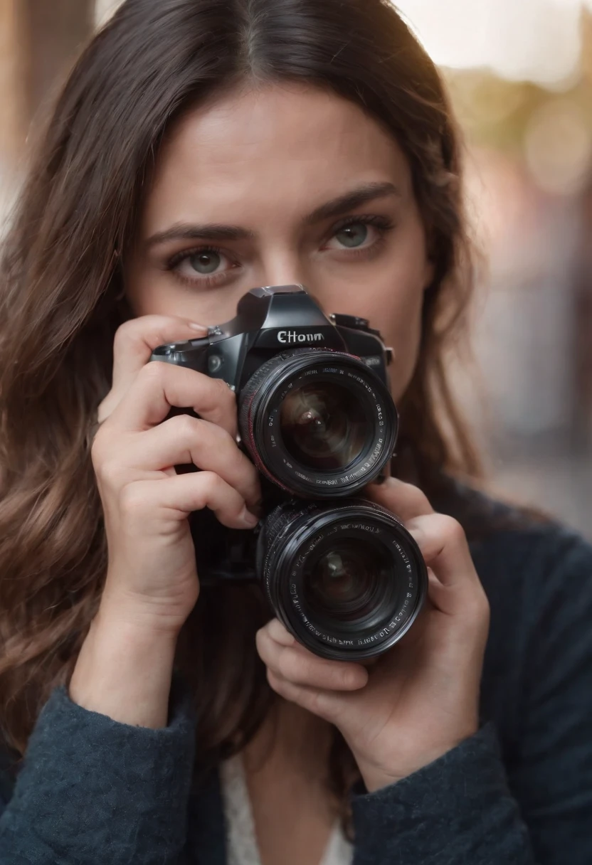 30-year-old woman realistic photographer, with camera, Italian woman