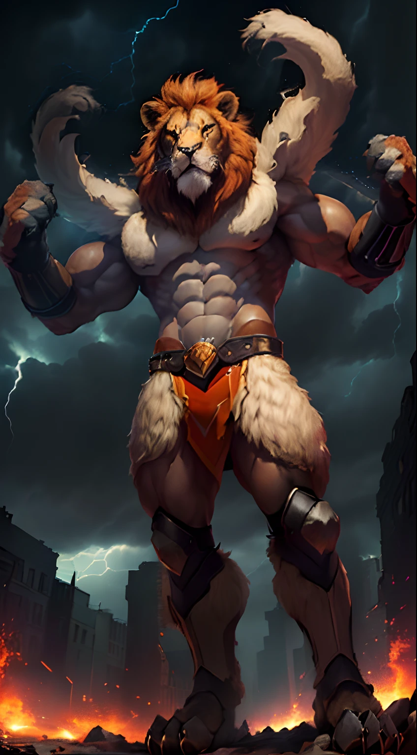 (Lion-headed monster: 1,3), (four muscular arms: 1,2), (duas pernas poderosas: 1,2), (covered in thick, shaggy fur: 1,1), (olhos vermelhos sinistros: 1,2), (sharp, menacing claws :1.1), (elevando-se sobre uma paisagem desolada:1.1), (Ominous storm clouds above:1.2), (Sony Alpha 7S III camera, ideal para fotos com pouca luz e muitos detalhes:1.2), (paired with a Sigma 35mm Artistic Lens f/1.4 DG HSM: 1.2), (Capturing the spooky details of the lion-headed monster: 1.1), (accentuating his intimidating presence: 1.1), (Creating a scene of mysterious darkness and imminent danger: 1.1).