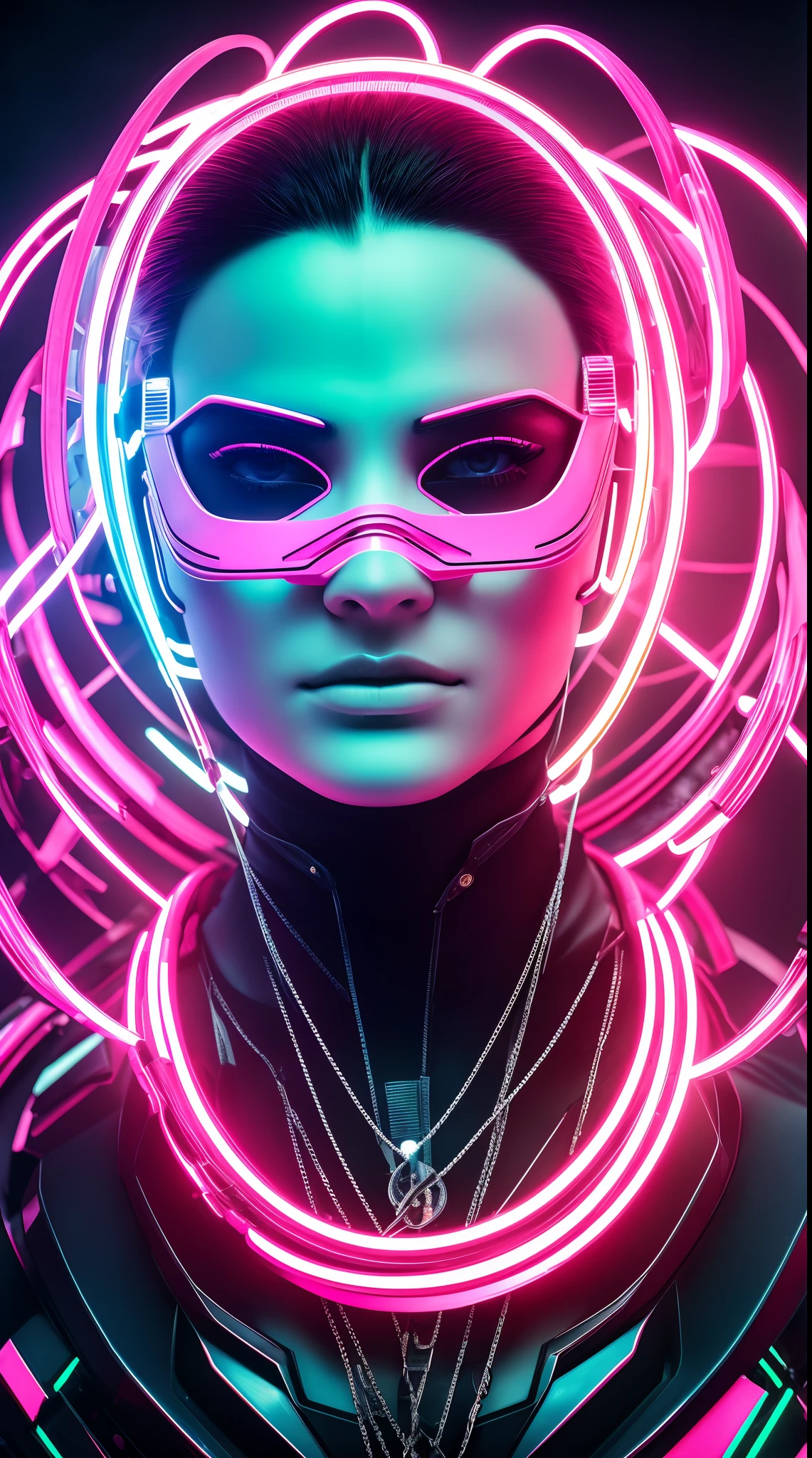 um retrato de perto de uma garota cyberpunk, She's wearing a neon pink cybernetic mask.. Efeito vidro quebrado, sem antecedentes, atordoante, algo que nem existe, Being mythical, energia, molecular, Texturas, breathtaking beauty, pure perfection, Divine Presence, unforgettable, impressionante, breathtaking beauty, volumetric light, cores vivas reflete