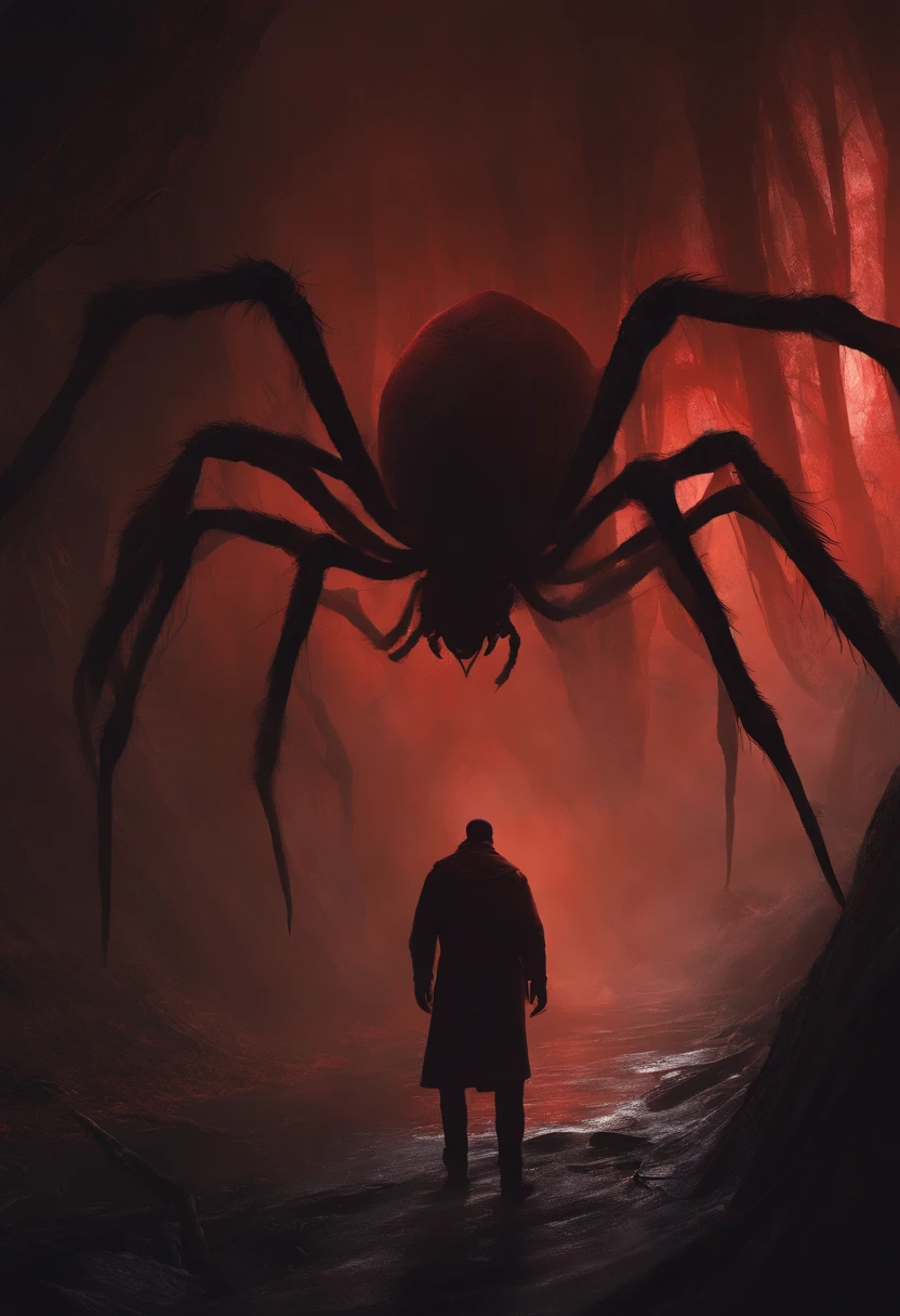 location, giant webs, spider eggs, creepy, dark, spider webways, underdark, painted as a game concept art, environment concept art, environment and concept art, painterly concept art, spider, giant spider, red, 1 man, small person,