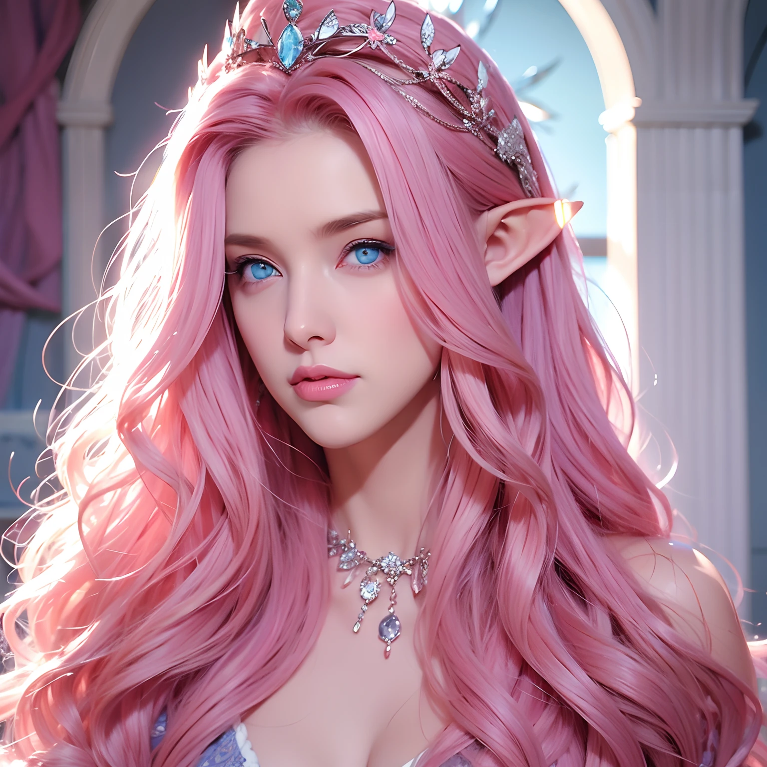 Woman, long curly hair, pink hair, blue eyes, elf, crown, queen