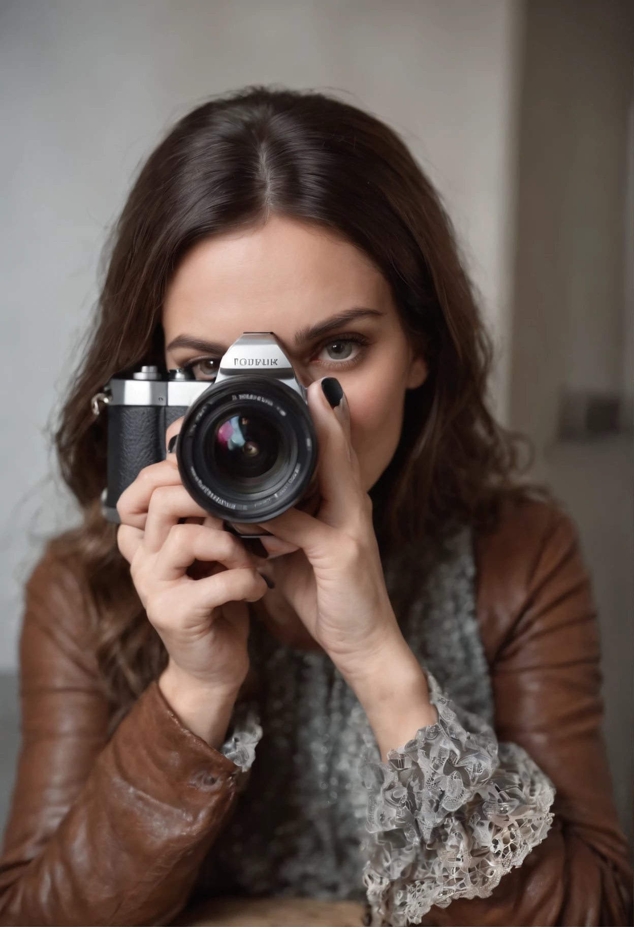 30-year-old woman realistic photographer, with camera, Italian woman