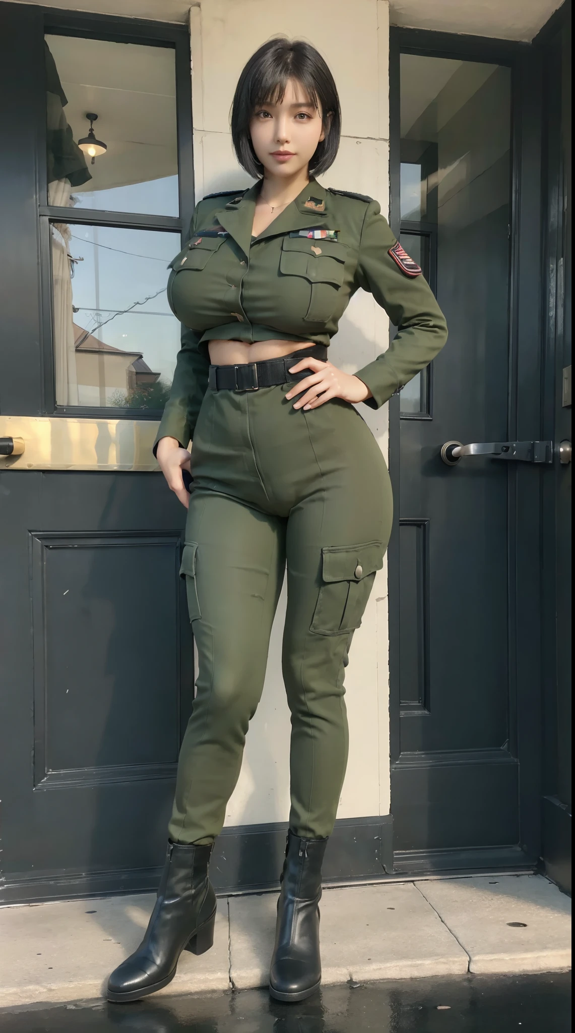 physically-based rendering, 1girl, Female soldier, (huge fake breasts:1.3), sexy muscular body, slim waist, (big buttocks:1.2), (Full body:1.5), front bangs short hair, skintight army suit, Dark green military uniform.