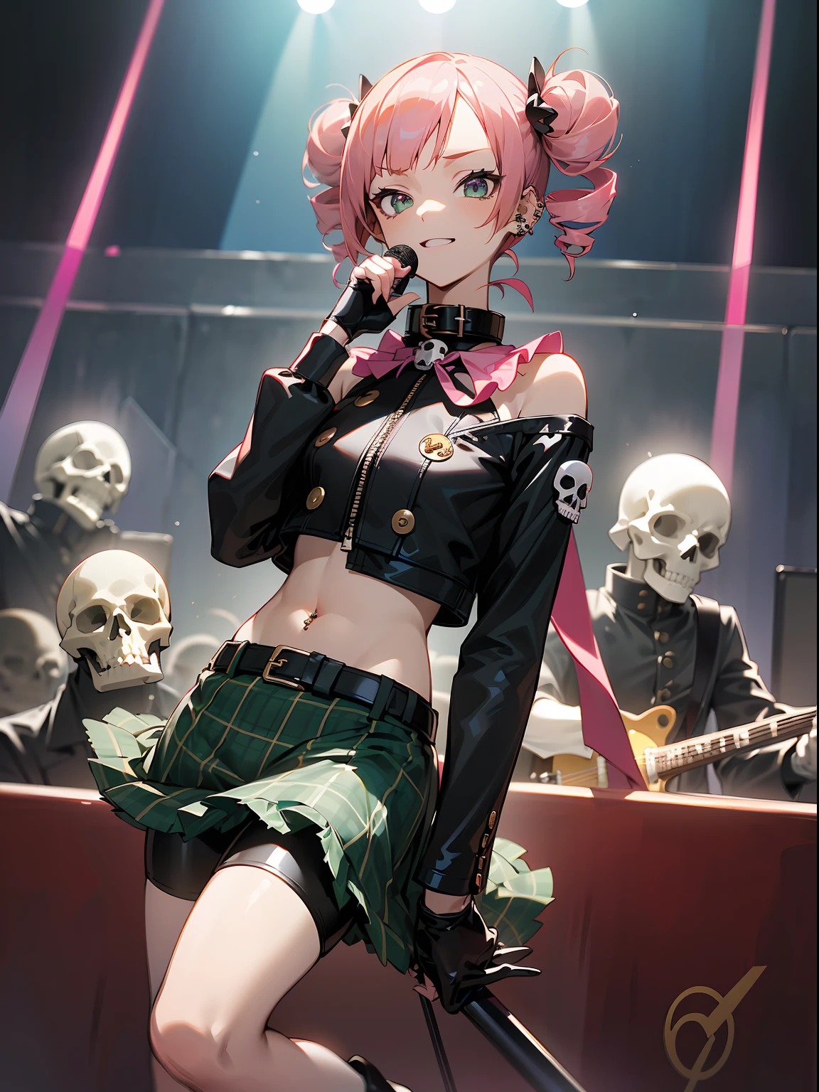 ((masutepiece:1.5)), ((hyper quality)), ((Hyper Detailed)), ((Perfect drawing)),((Hi-Res)),1girl in,Smile,(Loose and fluffy hair),(((Drill Twin Tail 1.2))),(((A pink-haired))),((Big eyes with double eyelids)),(lofty nose),(blusher:0.2),((small mouth)),(((ear piercings))),perspiring、((shout out))、Singing、exclamation、(gothic ta:1.4), (open short-cape:1.2), ((ribbon, frills):1.3), (green tartan-check pattern:1.3), ((white collar, tie):1.3), (short sleeve:1.2), ((ruffle-skirt, multilayer-skirt):1.3), (Fishnet-stockings:1.2), (glove:1.2), (Xhair ornament,
hairpin),(rock style), (Wearing a black leather jacket over a black crop top:1.4), (Black latex shorts:1.4), ((Jacket Pull, Bare shoulders):1.3), (Black crop top with zipper:1.3), (Crazy amount of buttons:1.2), ((Skull Print, Navel):1.2), (latex belts. Black dog collar:1.3), (Studded Accessories,earrings:1.1), Combat boots,(((rock concert)))、((stage))、spot light、((Downlight))、(microphone stand)、((electric guitars))、(((Gibson Les Paul))),(((beatiful backgrounds))), ((meticulous drawing)),((Accurate drawing))、Perfect Photo、