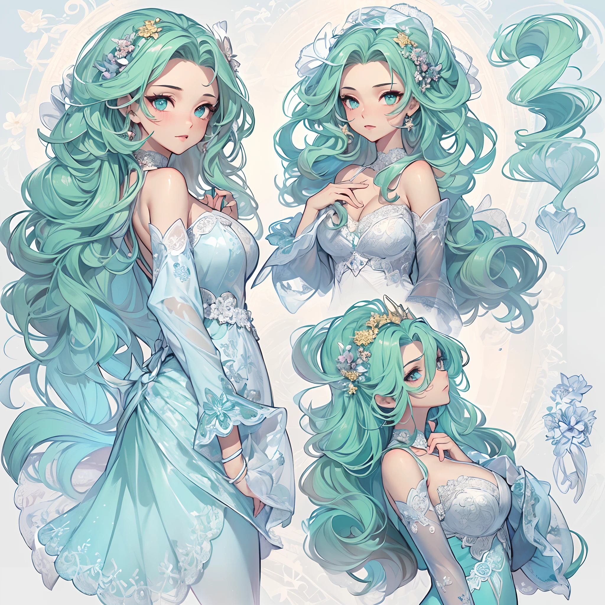 ((Masterpiece, Highest quality)), Detailed face, CharacterDesignSheet，full bodyesbian, perfectly proportions，Full of details, Multiple poses and expressions, Highly detailed, Beautiful girls，Seductive，Gradient hair color，Detailed eyes, ssee-through，Mint blue，wedding gown，lacepantyhose，Clouds，High Balance, Overhead halo，Natural light，Star decoration