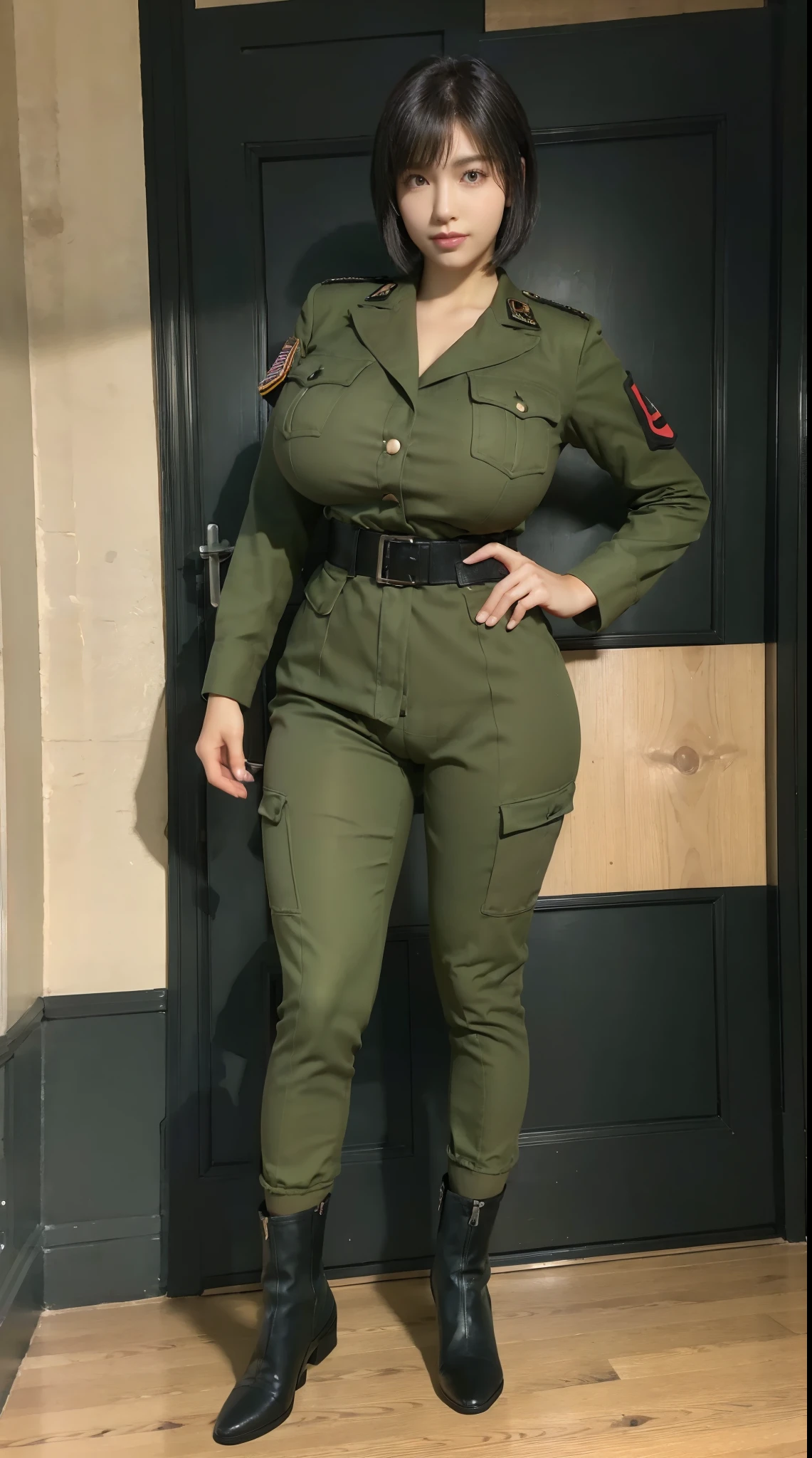 physically-based rendering, 1girl, Female soldier, (huge fake breasts:1.3), sexy muscular body, slim waist, (big buttocks:1.2), (Full body:1.5), front bangs short hair, skintight army suit, Dark green military uniform.