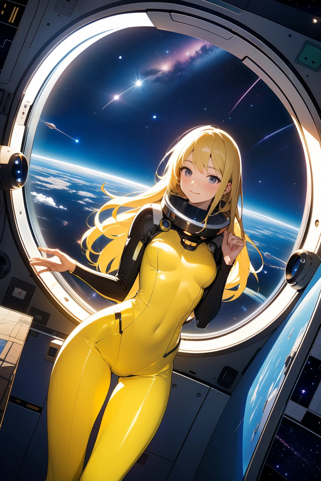(masterpiece, best quality:1.2), (cowboy shot:1.1), solo, 1girl, mori yuki, slight smile, closed mouth, side view, looking at viewer, blonde hair, long hair, thigh gap, yellow bodysuit, skin-tight, perfect body, large window, (starship porthole:1.3), (spread legs:1.3), (standing:1.1), thigh gap, sensual pose, sideview, perfect hands, bright starship interior, (outer space view:1.1), (orbital view:1.3), (night, stary sky:1.5), milky way