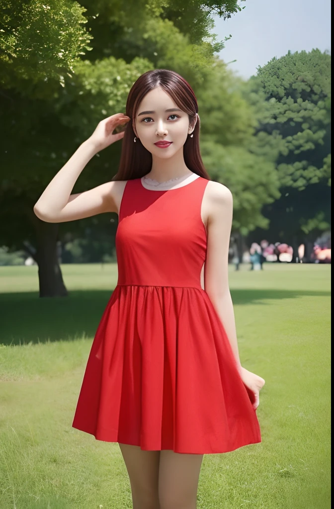 A woman,red sleeveless dress, pasture,park,over 20 year old