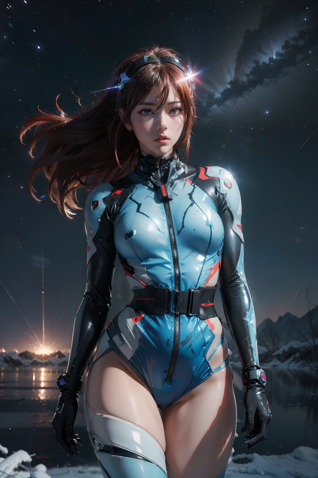 Asuka-Evangelion anime aesthetic style (((From face to the waist view::1. 4))), realistic skin texture, front view::1.0, in complex & hyper detailed sci-fi plugsuit (((frost glow effect))), panning photography::1, midnight hour illuminationr, (masterpiece), best quality, perfect pretty face, 8k