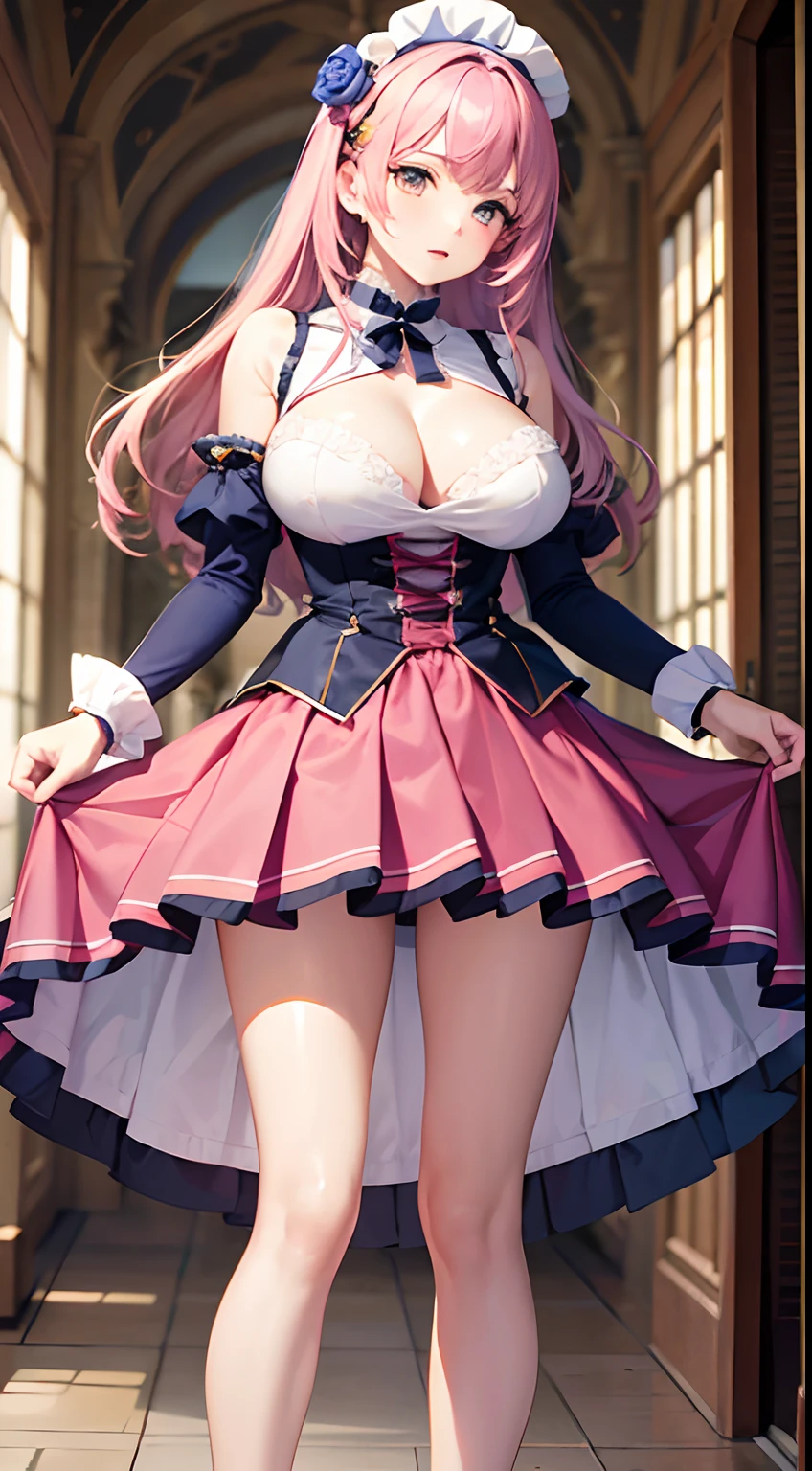 Belle illustration、premier quality、Mignonne  s、chambre、Un poil rose、longueur cheveux、(((Pink pleated skirt)))、(((Costume marin rose)))、manches courtes、Huge chickadee、un nombril、Remonter la jupe avec vos mains、montrer la culotte blanche、Remontez votre jupe et montrez votre culotte、jambes nues、yeux bleus、sur les lits、belles cuisses、cuisse rougeoyante