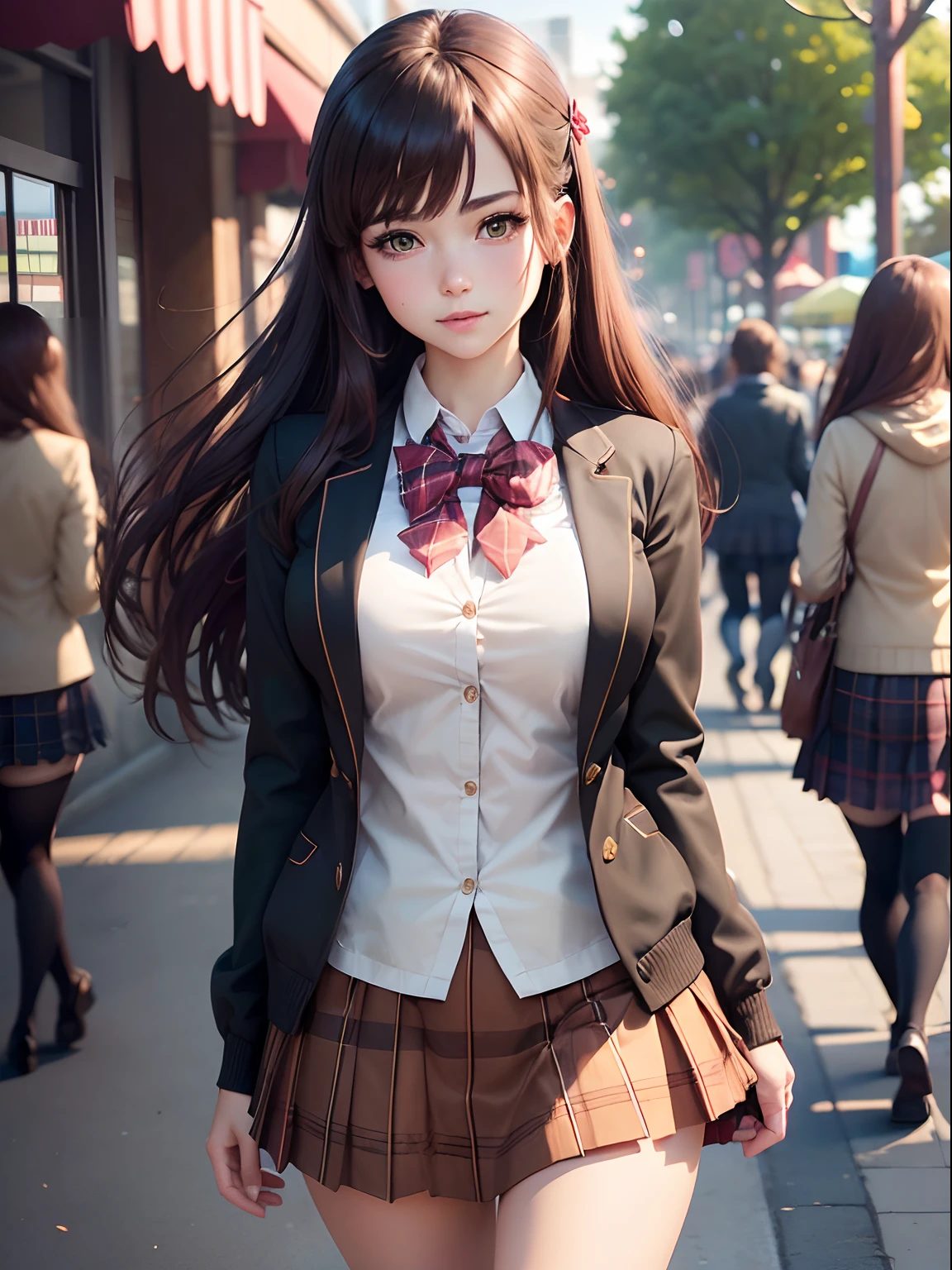 ((masutepiece, Best Quality, hight resolution, nffsw, Perfect Pixel, depth of fields, 4K, nffsw, nffsw))), 1girl in, Single, Solo, Beautiful anime girl, Beautiful Art Style, Anime Character, ((Long hair, Bangs, Brown hair, Simple hairpin)), ((Green eyes:1.4, rounded eyes, Beautiful eyelashes, Realistic eyes)), ((Detailed face, Blushing:1.2)), ((Smooth texture:0.75, Realistic texture:0.65, Photorealistic:1.1, Anime CG style)), medium breasts, Dynamic Angle, Perfect body, ((Portrait, POV)), ((red bowtie, School uniform, Black jacket, Open jacket, Brown cardigan, White shirt, Black skirt, plaid skirts)), Smile, Open mouth, Leaning forward, hands behind back, amusement park