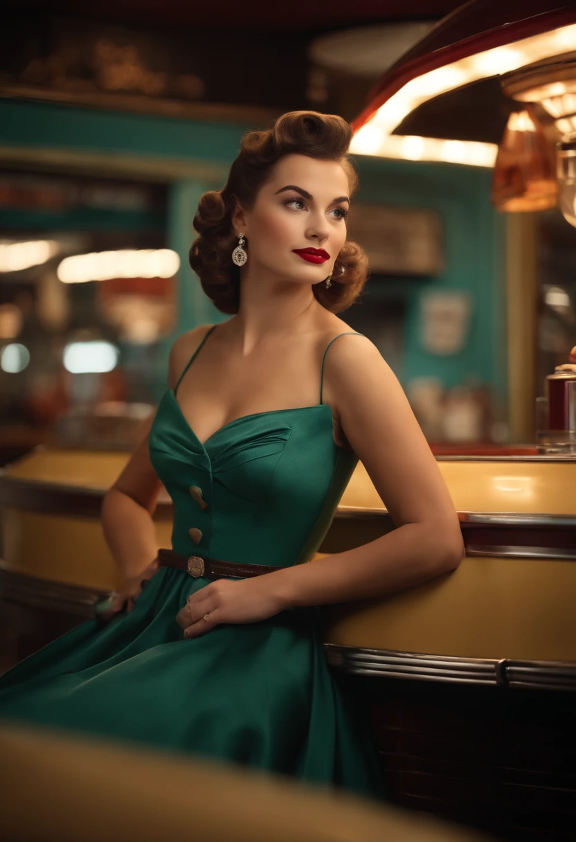 1girl dressed in a 1950s-inspired dress, complete with a full skirt and petticoat, her hair styled in classic pin curls. She should be seated at an old-fashioned diner, surrounded by vintage details like a jukebox, chrome accents, and neon signs. Her eyes should be sparkling with excitement, her skin flawless and glowing under the soft, dramatic lighting. This scene should be captured on 35mm film, with a beautiful depth of field and a slightly blurry, nostalgic background,, filmg,