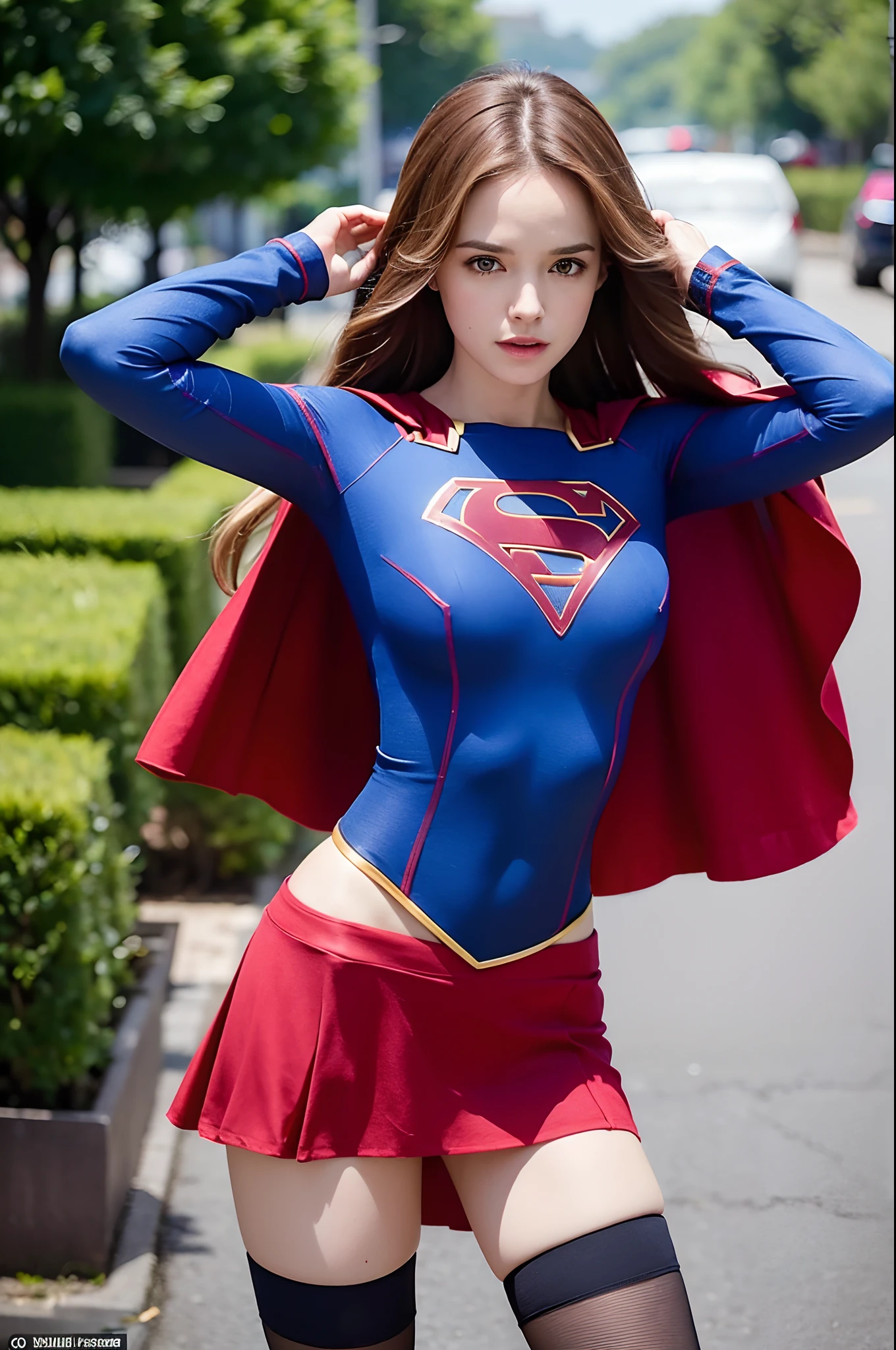 Danielle Panabaker, she's in Supergirl, uniforme realista, foto de corpo inteiro. Fundo desfocado, capa vermelha, she's perfect, seios grandes, pernas firmes e duas. foto de corpo inteiro, 45th sunlight, Your hair is blowing in the wind.