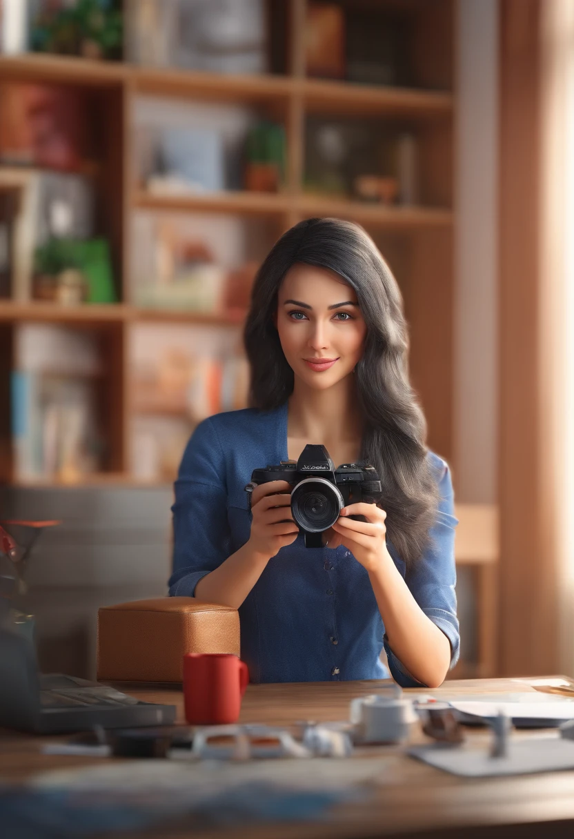 30-year-old woman realistic photographer, with camera, Italian woman, black shiny hair