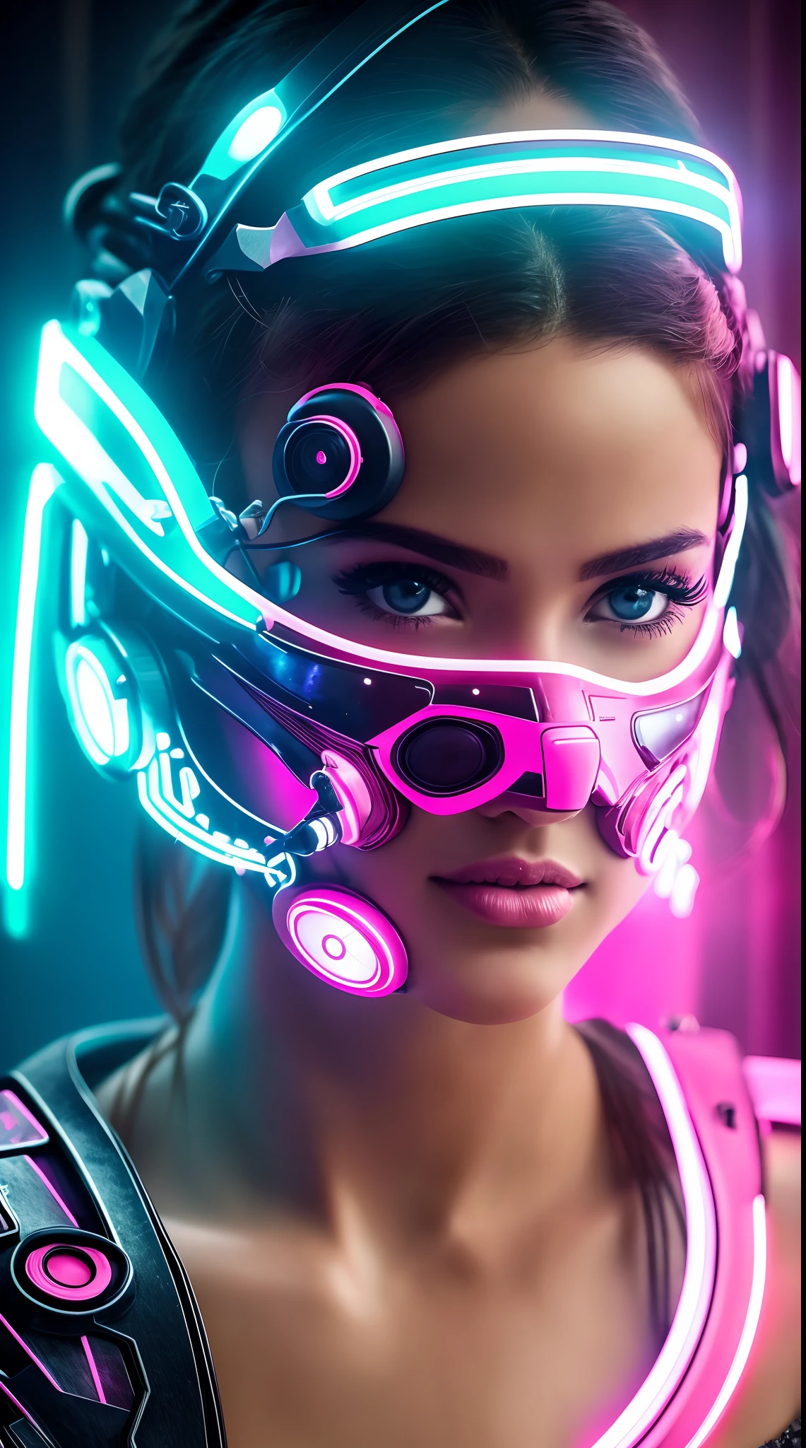 um retrato de perto de uma garota com olhos azuis perfeitos, cyberpunk, She's wearing a neon pink cybernetic mask..|hiperrealista,Efeito vidro quebrado, sem antecedentes, atordoante, algo que nem existe, Being mythical, energia, molecular, Texturas, breathtaking beauty, pure perfection, Divine Presence, unforgettable, impressionante, breathtaking beauty, volumetric light, cores vivas reflete