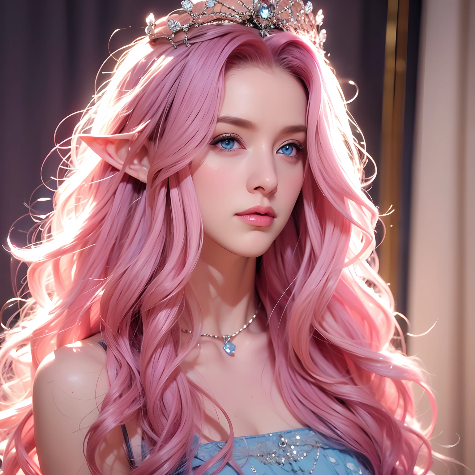 “Woman, long curly hair, pink hair, blue eyes, elf, crown, Queen