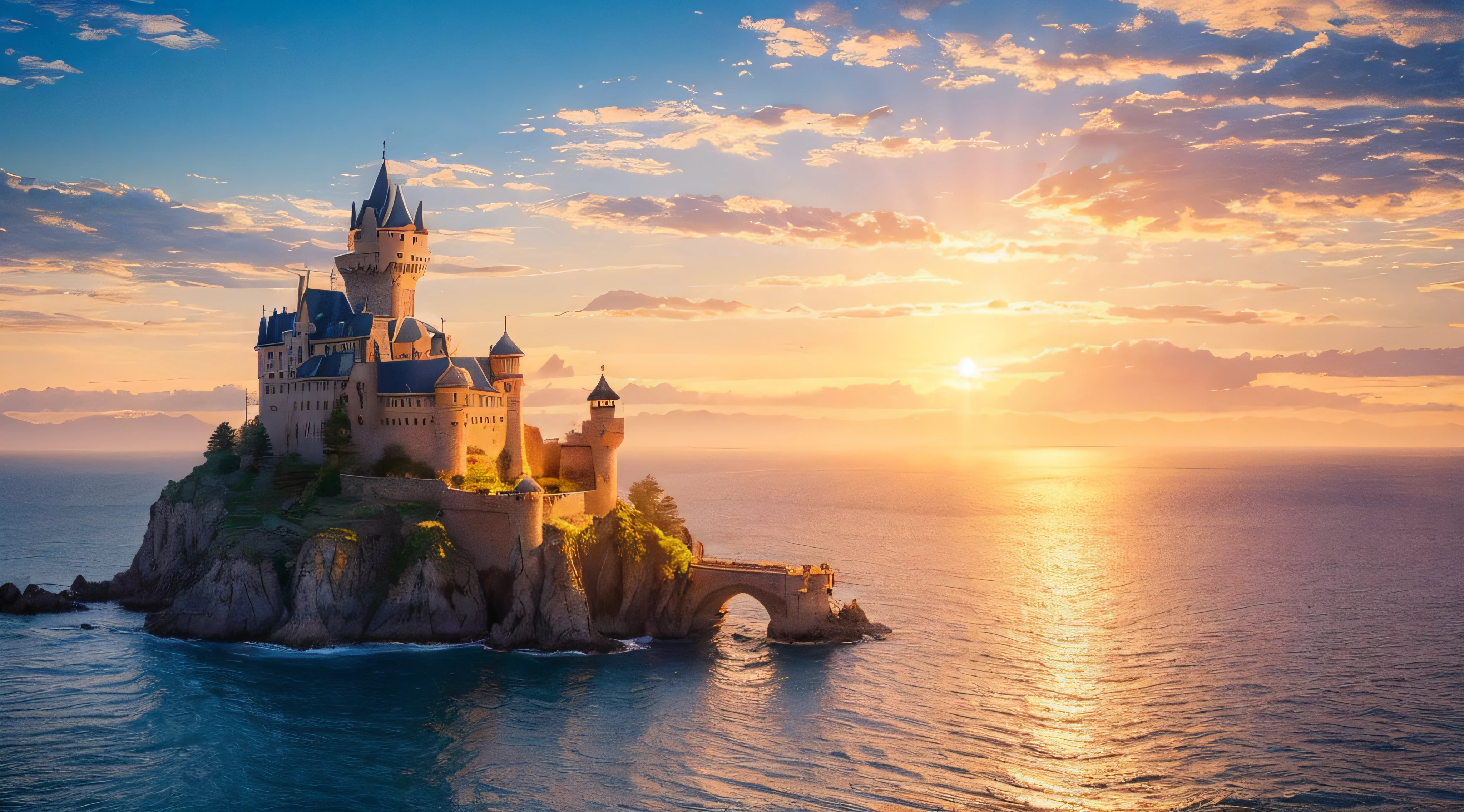 (((Superb view))),((masterpiece,top-quality,16 K)),Castle on the sea,Ultra-detailed castle,glowing sun,during daytime